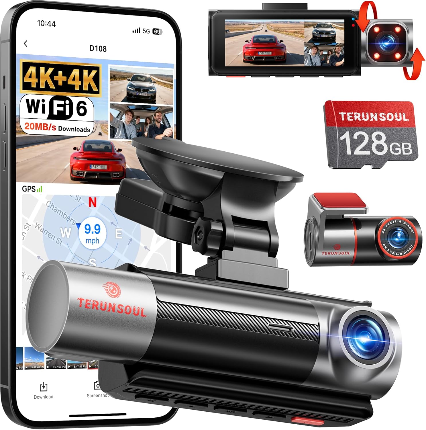 4K+4K+1080P 3 Channel Dash Cam Front and Rear with Cabin, Free 128GB Card Included, 5.8GHz WiFi6 - up to 20MB/s, IR Night Vision, Built-in GPS, G-Sensor, 24H Parking Mode, Support 512GB Max