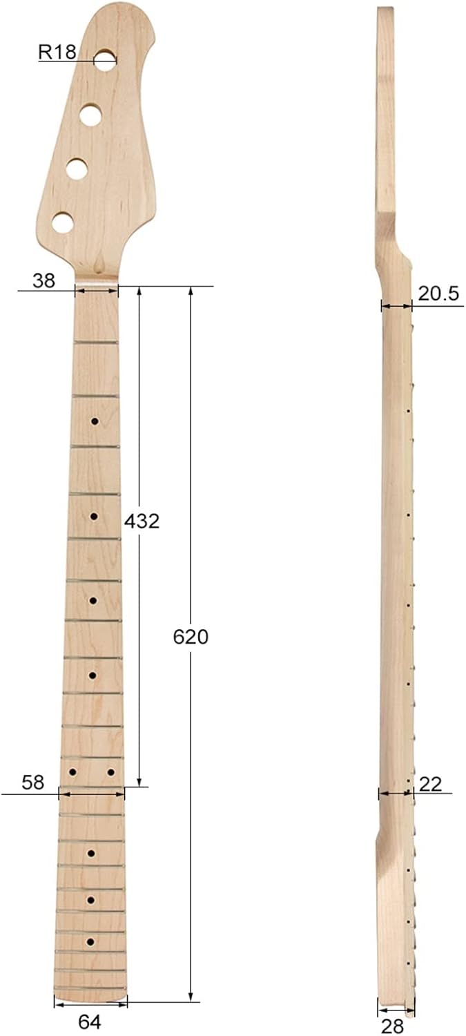 Electric Guitar Neck 4 String Maple for Bass 21 Frets Bolt On 38 Mm Nut Nature Satin Unfinished Guitar Neck (Color : Maple Fretboard)