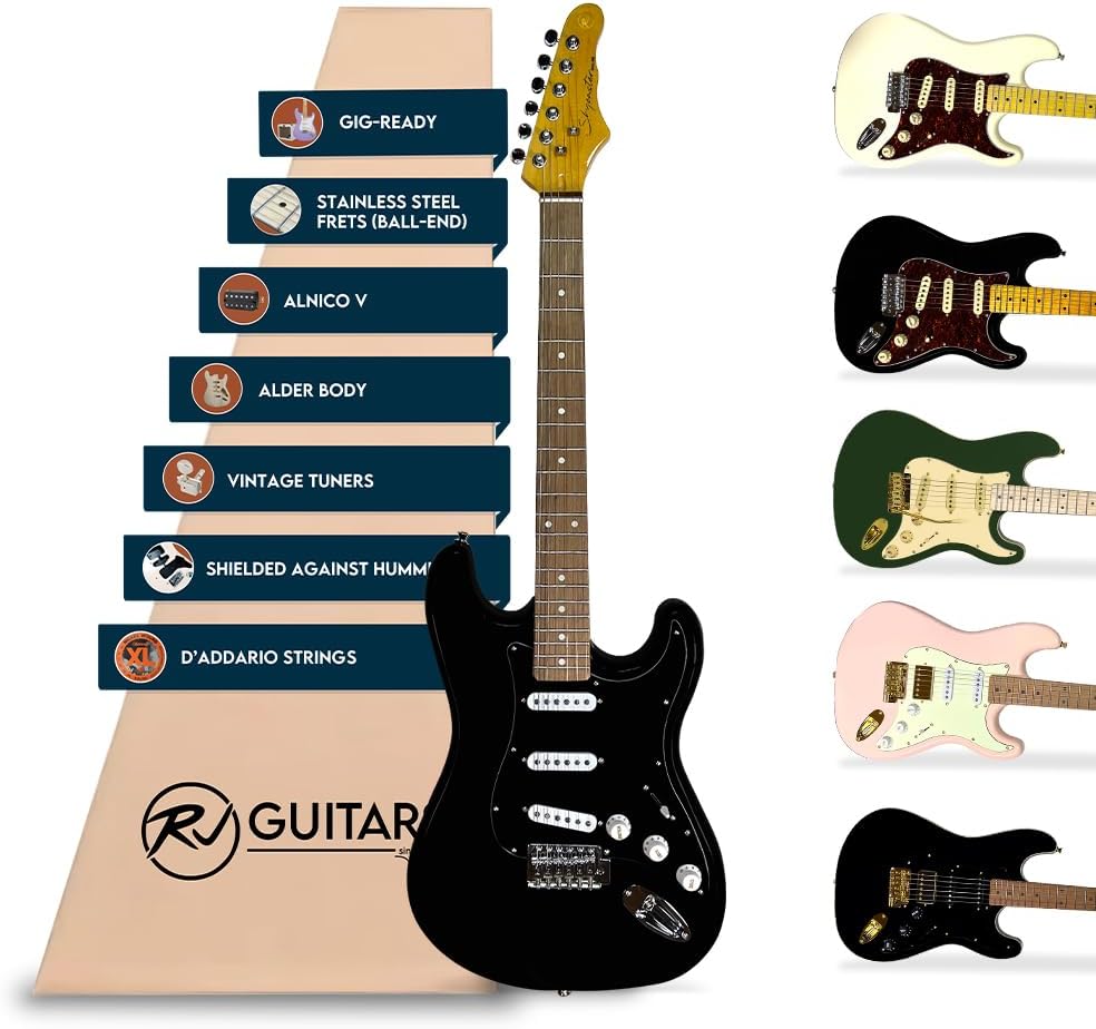 Gigline Skycaster Electric Adult S-Type Full Size, Alder Body, Stainless Steel Frets (Ball End), Bone Nut, SSS Alnico V, Black