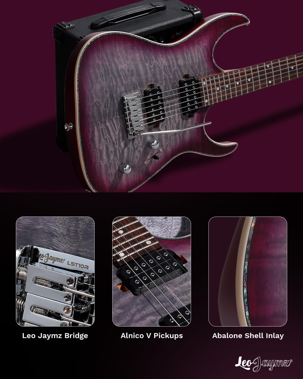 Leo Jaymz Hurricane Series Electric Guitar,Double Cut Arched Top Mahogany Body,Reverse Headstock,Roasted Maple Neck,Rosewood Fretboard,Alnico V Pickups,Locking Tuners,Tremolo Bridge (Purple Black)
