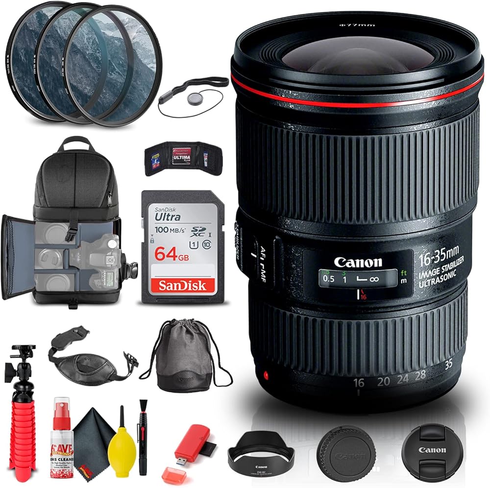 Canon EF 16-35mm f/4L is USM Lens (9518B002) + Filter Kit + Backpack + 64GB Card + Card Reader + Flex Tripod + Memory Wallet + Cap Keeper + Cleaning Kit + Hand Strap + More (Renewed)