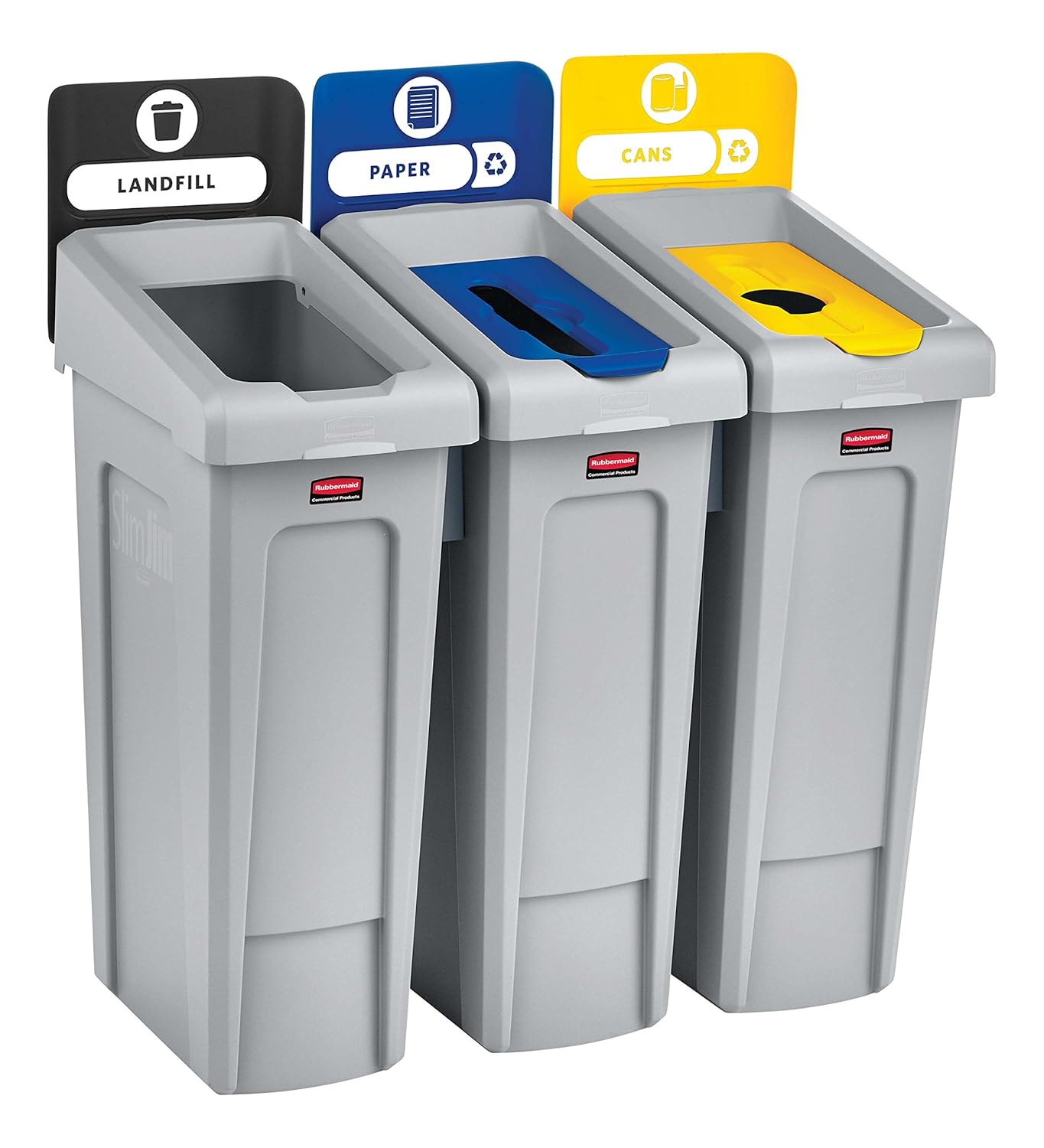 Rubbermaid Commercial Products Slim Jim Recycling Station, 3 Stream Landfill/Paper/Bottles Cans