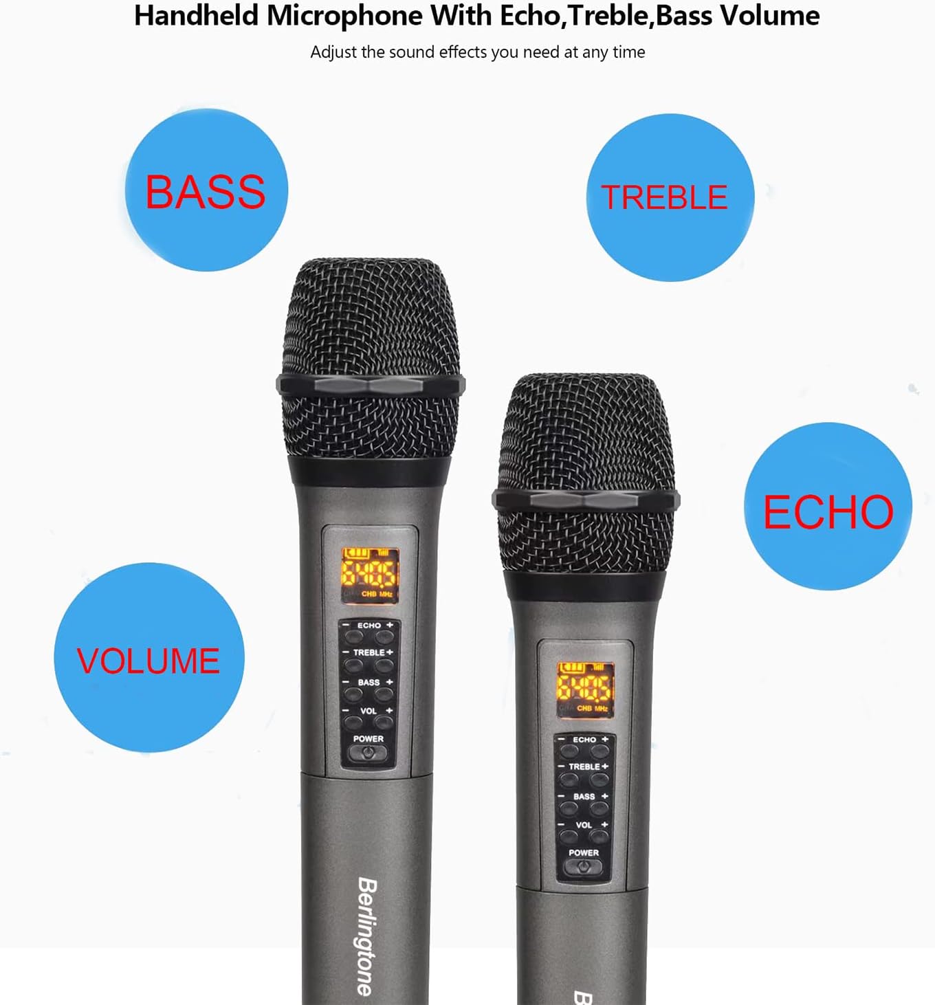 Berlingtone) Dual UHF Wireless Dynamic Handheld Microphone Systems, 60 Adjustable Frequency Channel, with Echo, Treble, Bass Volume, Rechargeable Battery, for Singing, Church, up to 200Ft. Range