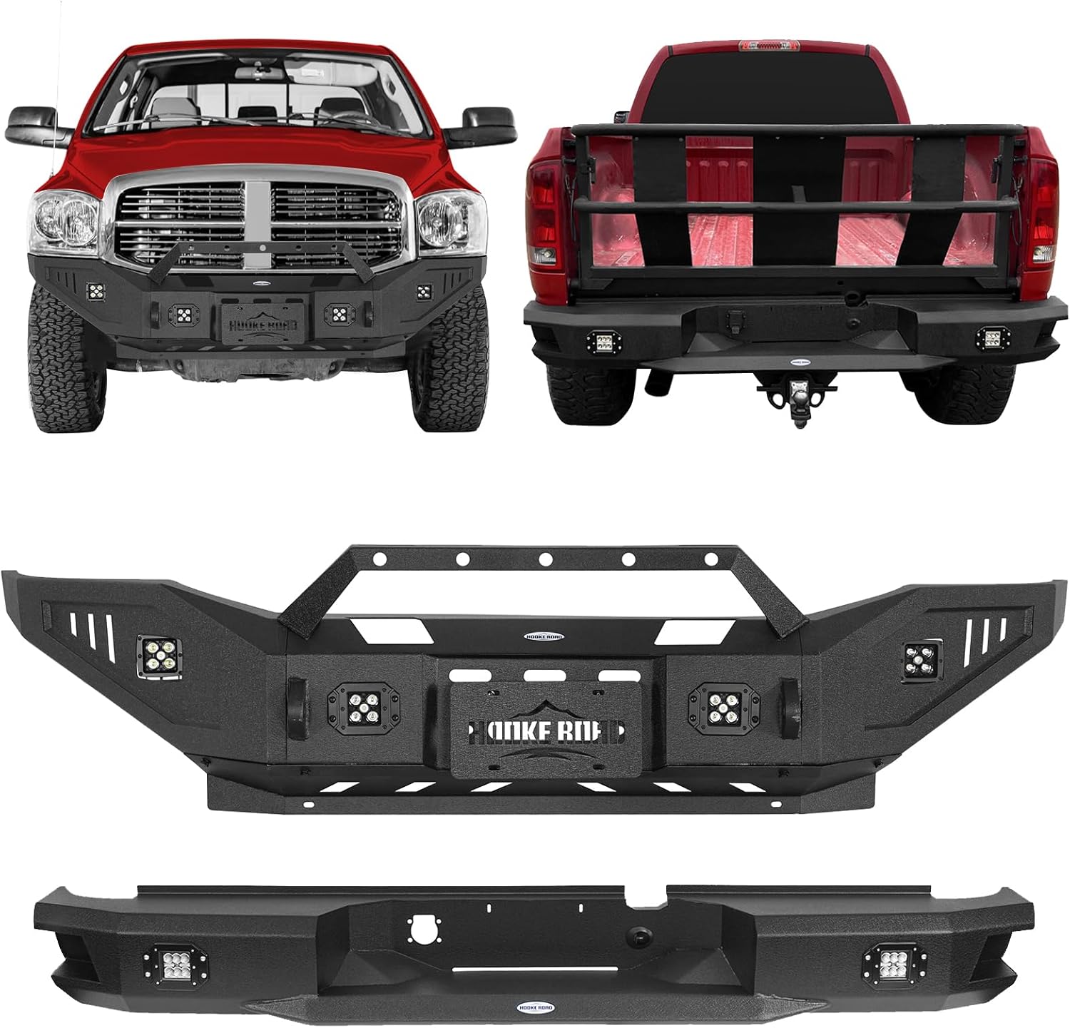 Hooke Road 06-09 Ram Front and Rear Bumper Kit for 2006 2007 2008 2009 Dodge Ram 2500 3500 Pickup Trucks, Offroad Steel Bumper Combo with Winch Mount, Skid Plate, LED Lights