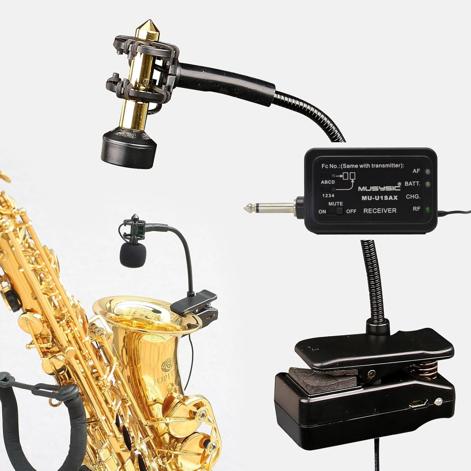MUSYSIC Wireless Saxophone Microphone Receiver & Transmitter System, Trumpet Microphone Wireless for Wind Instruments, 16-Channel UHF, Up to 75m Range