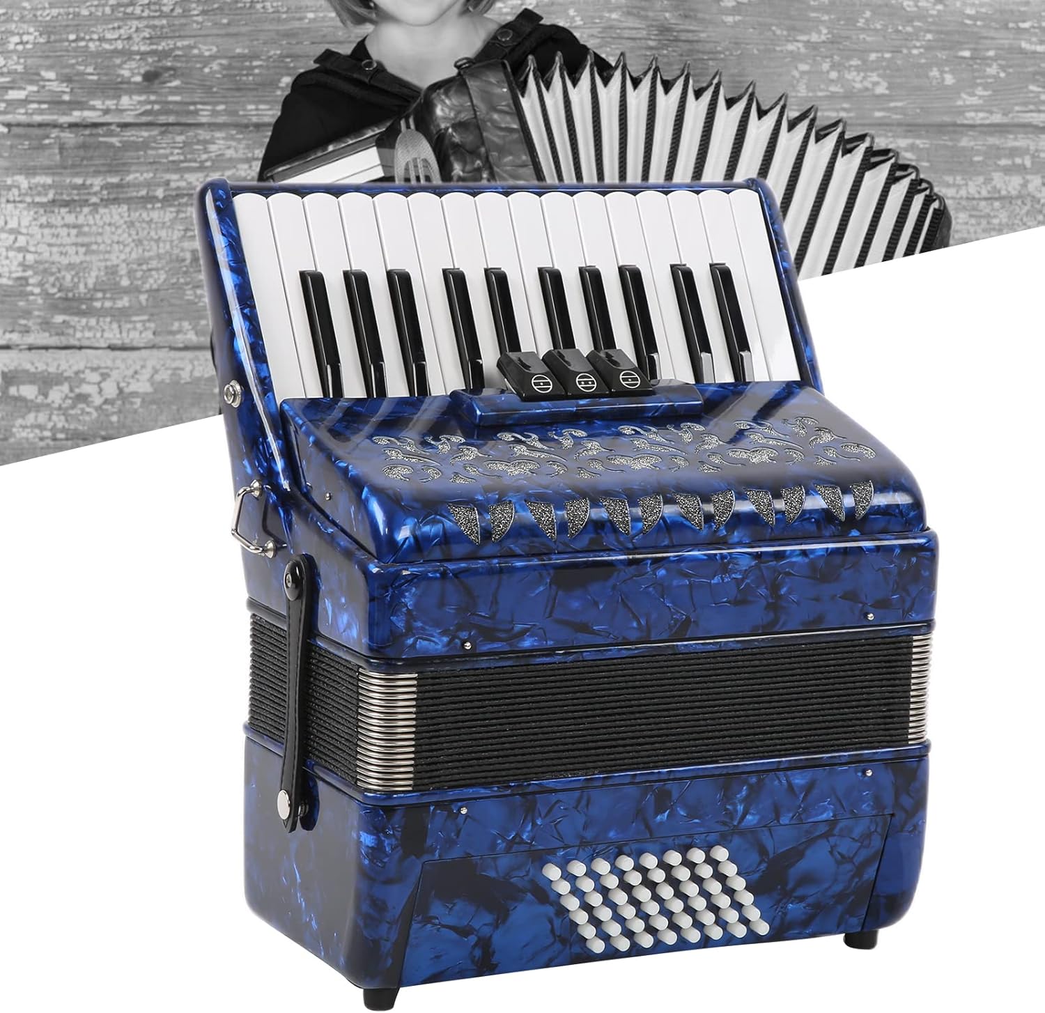 Focket Accordion, 26 Key 48 Bass Celluloid Piano Accordion with Straps, Professional International Standard ABS Piano Keyboard Musical Instrument for Stage Performance
