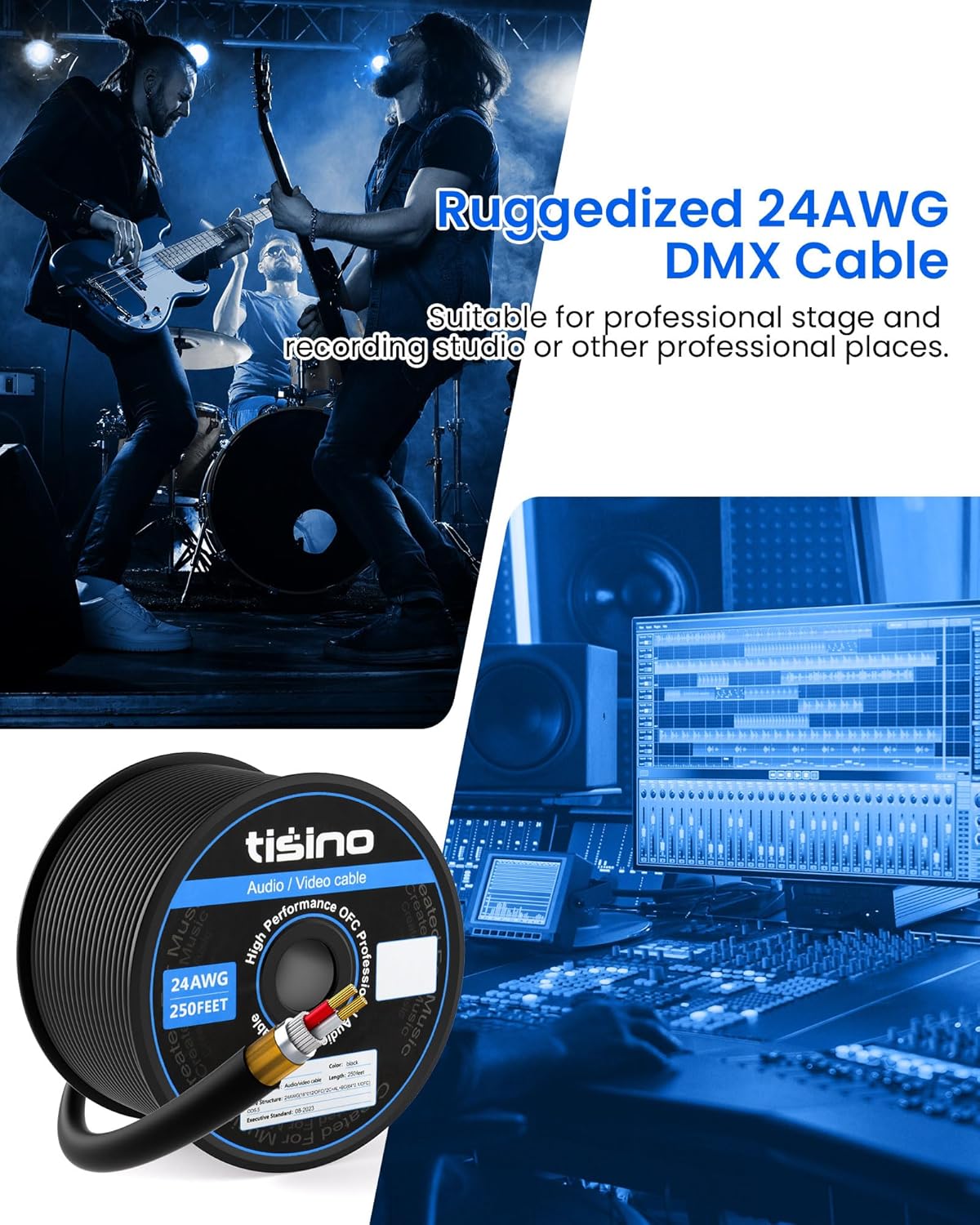 Tisino Bulk XLR Cable, Microphone Cable DMX Cable, 24 AWG Pure Copper, OFC, Flexible, Spiral Braided Shielding for DJ Studio, Live Stage for Hookup/Extension- 250 Feet