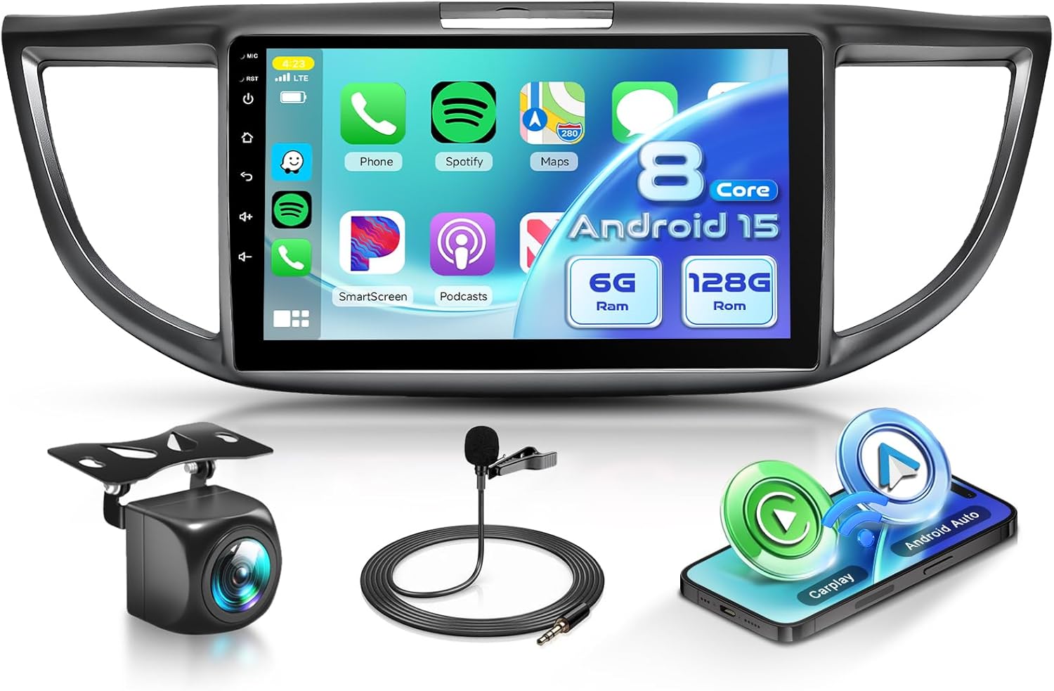 Android 8Core 6G+128G Car Stereo Radio for Honda CRV 2012 2013 2014 2015 2016, Wireless Carplay Android Auto, 5G WiFi+GPS, HiFi Music & DSP, 9 inch Touchscreen Radio for CRV, Backup Camera SWC