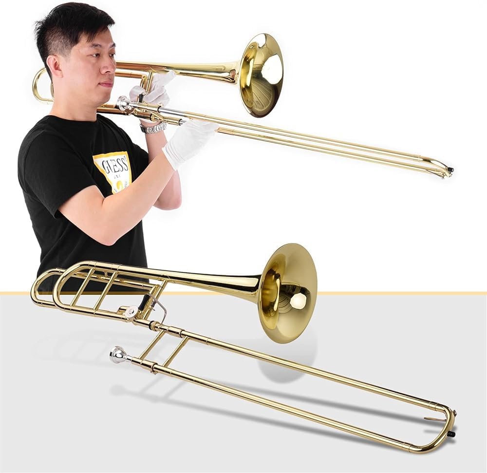 Upgraded Bb Flat Tenor Slide Trombone with F Trigger Complete Set with Mouthpiece, Carry Case, Gloves, and Cleaning Cloth