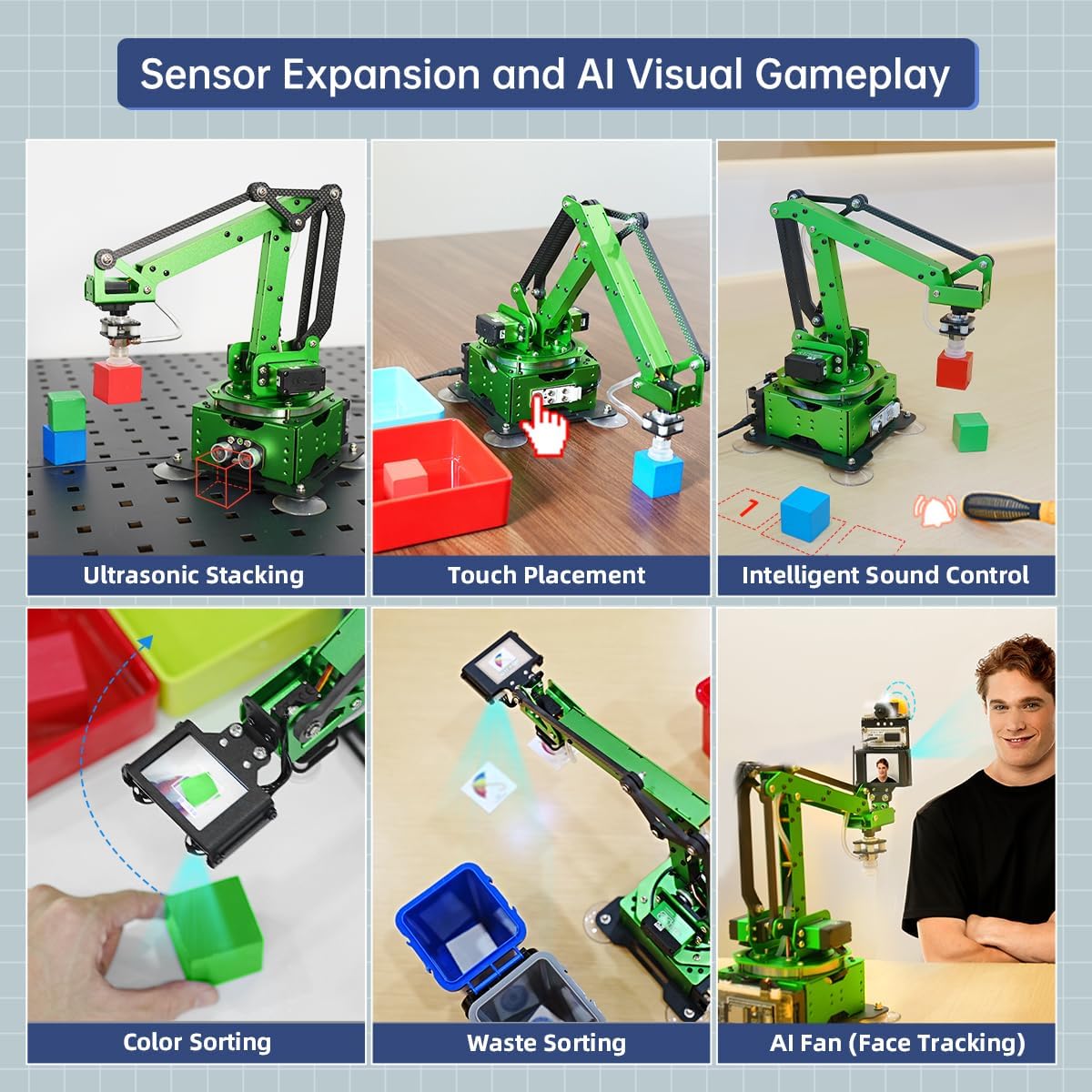 Secondary Development for MaxArm Upgrade, Sensor Kits, WonderCam Vision Module, PS2 Handle, Glowing Ultrasonic, Color/Touch/Sound/Light/Digital Tube Sensors (Not Included MaxArm Robot Arm)