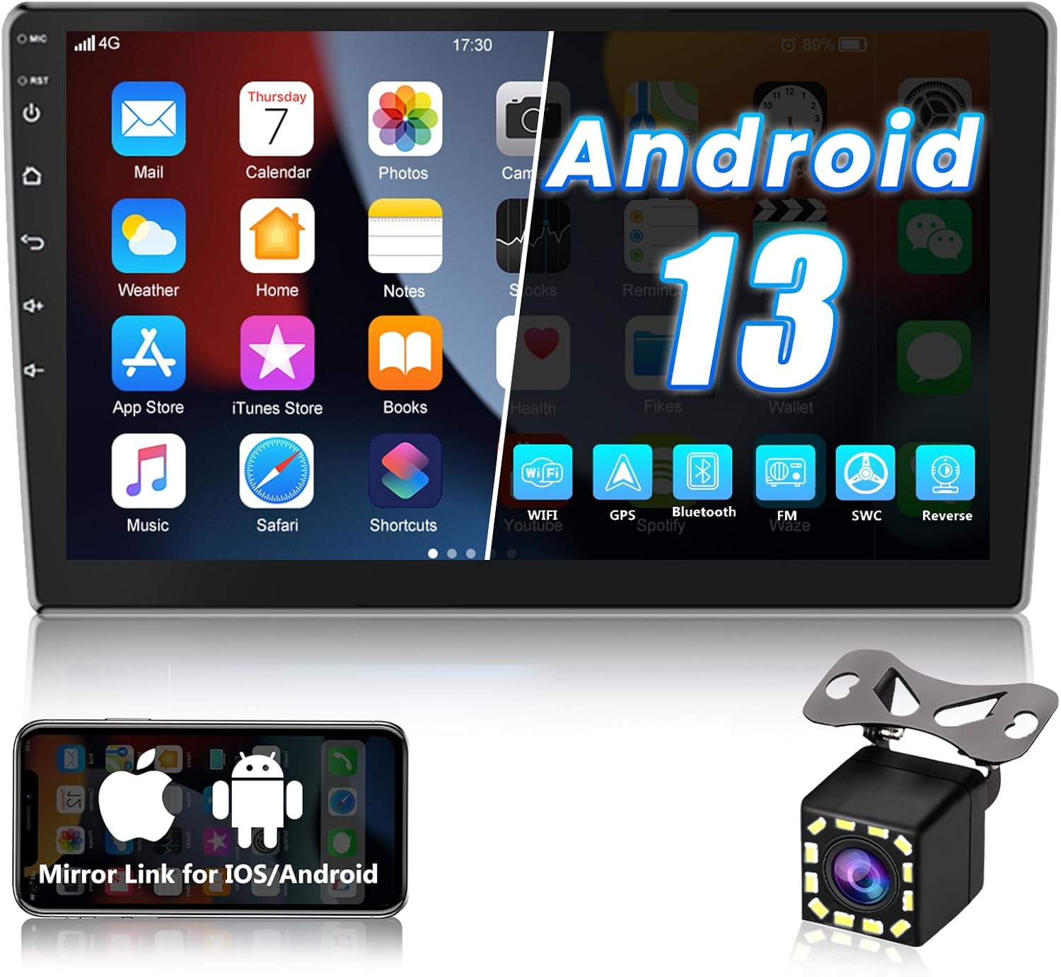 Android 13 Car Radio 10 Inch Touch Screen GPS Sat Navi Stereo Player AMprime 2 Din Bluetooth WiFi FM Receiver Mobile Phone Mirror Link Dual USB + Backup Camera