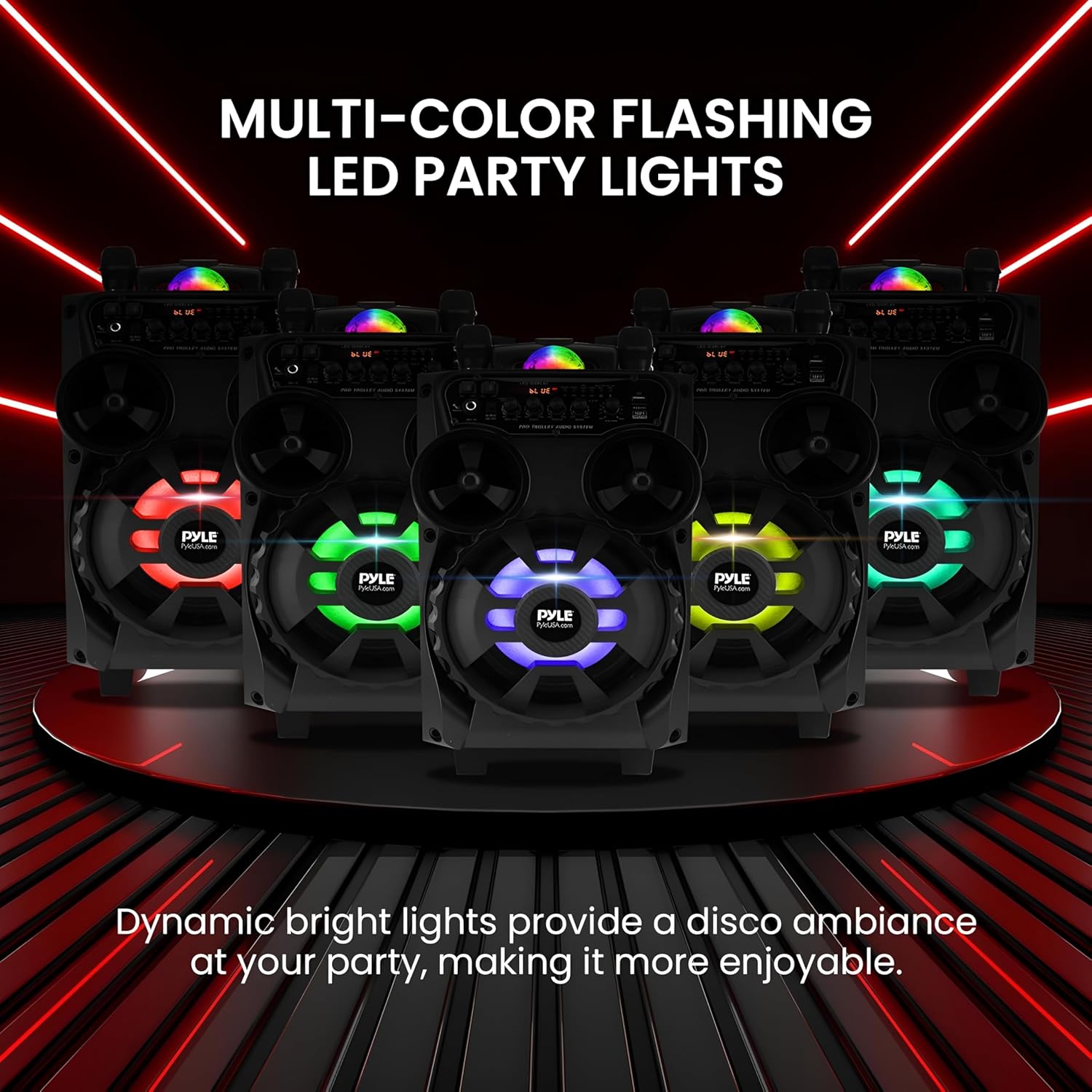 Pyle Portable Bluetooth PA Speaker - 580W 8” Rechargeable Outdoor BT Karaoke Audio System - TWS, Disco Party Lights, LED Display, FM/AUX/MP3/USB/SD, 6.5mm in, Trolley, Wheels - Wireless Mic, Remote