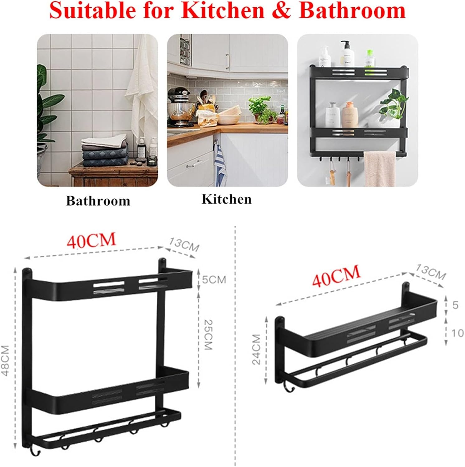 Shower Caddy Bathroom Shelf Wall Mount Black Aluminum Bathroom Shelf Shower Caddy Bath Rack with Bar and Hook for Towel Shampoo Shelves Storage Kitchen Shower Organizer ( Color : 1 Layer and Bar )