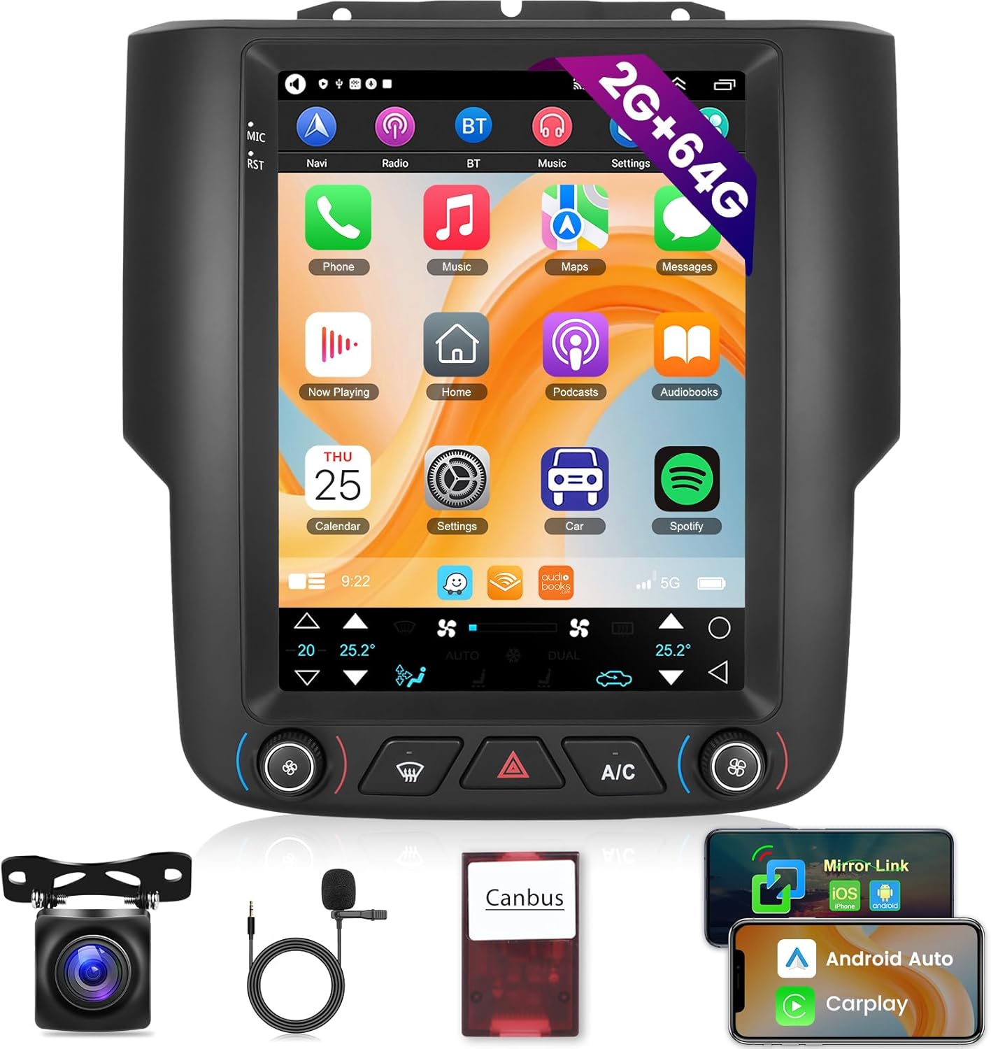 [2+64G] Car Radio for Dodge RAM 1500 2500 3500 2013-2018(for Auto AC), 9.7 inch Android 13 Vertical Touch Screen Stereo, Carplay/Android Auto/Hi-Fi Audio/1080P/SWC/Bluetooth