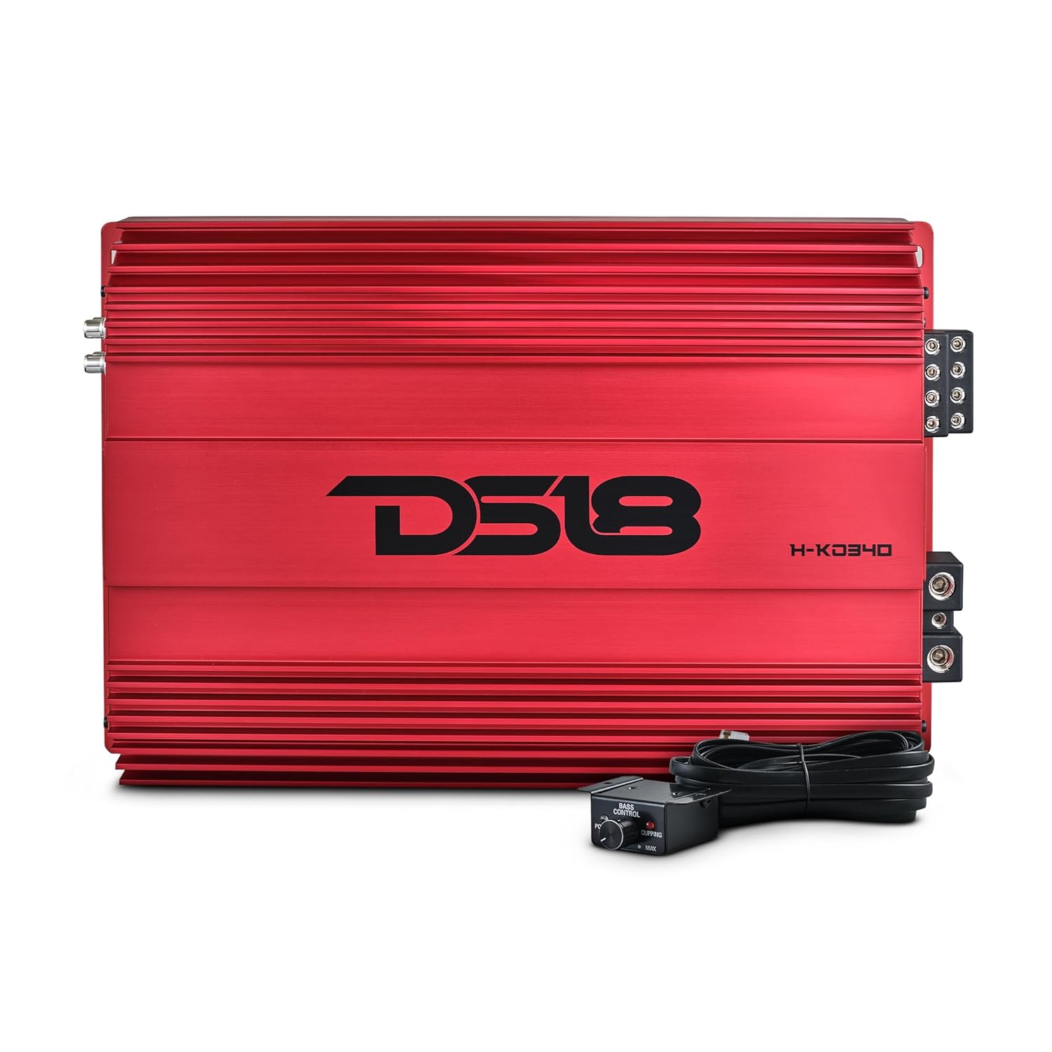 DS18 Hooligan H-KO340/RD KO 4-Channel Amplifier Full Range Class D 4 x 300 Watts RMS @ 4-Ohm, Competition-Level Performance, Made in Korea, Remote Level Control Included