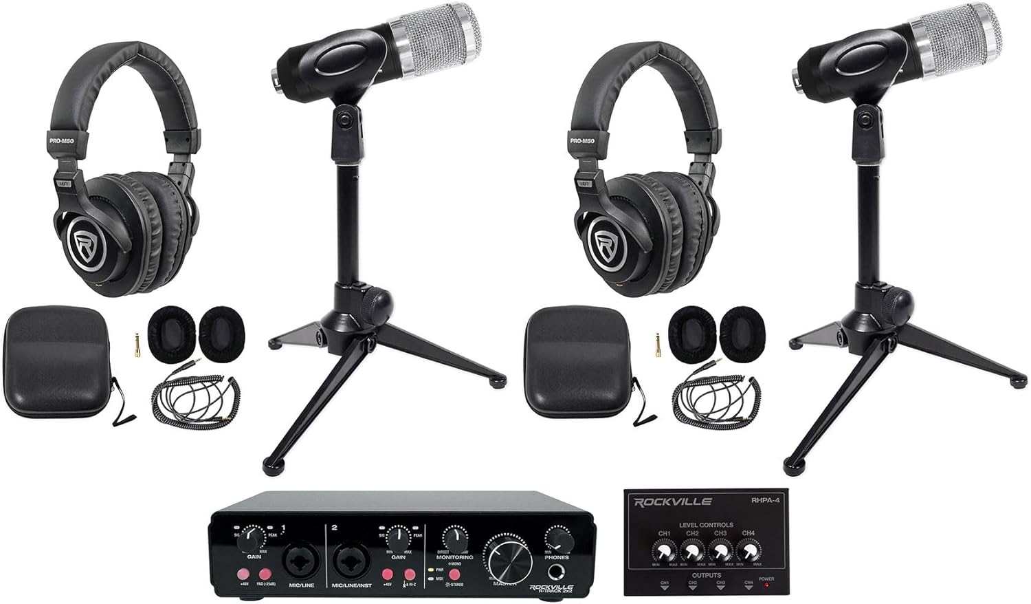 Rockville R-TRACK 2x2 Bundle: USB audio interface 24 Bit 192 kHz, (2) RCM01 condenser microphones w/metal mounts, (2) PRO-M50 headphones, (2) RDTS mic stands, RHPA4 4-ch amplifier, TRS cable, 9-items