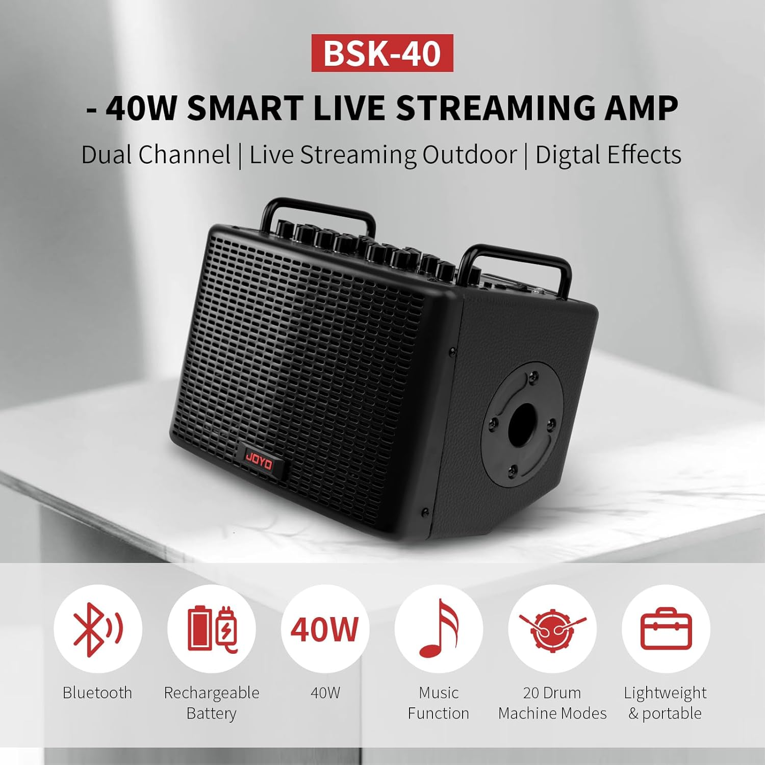 JOYO 40 Watt Acoustic Combo Amplifier Rechargeable Guitar & Vocal Two Channels Guitar Amp with Drum Machine Reverb Chorus Delay Effects and Bluetooth XLR & Aux-in (BSK-40 Black)