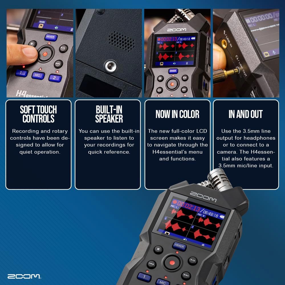 Zoom H4essential 4-Track Handy Recorder, 32-Bit Float, XY Mic, Accessibility, XLR/TRS Inputs with 64GB SD, Rechargeable Batteries, Podcast Mic Set, Mic Muff & More for Podcasting, Music & Interviews