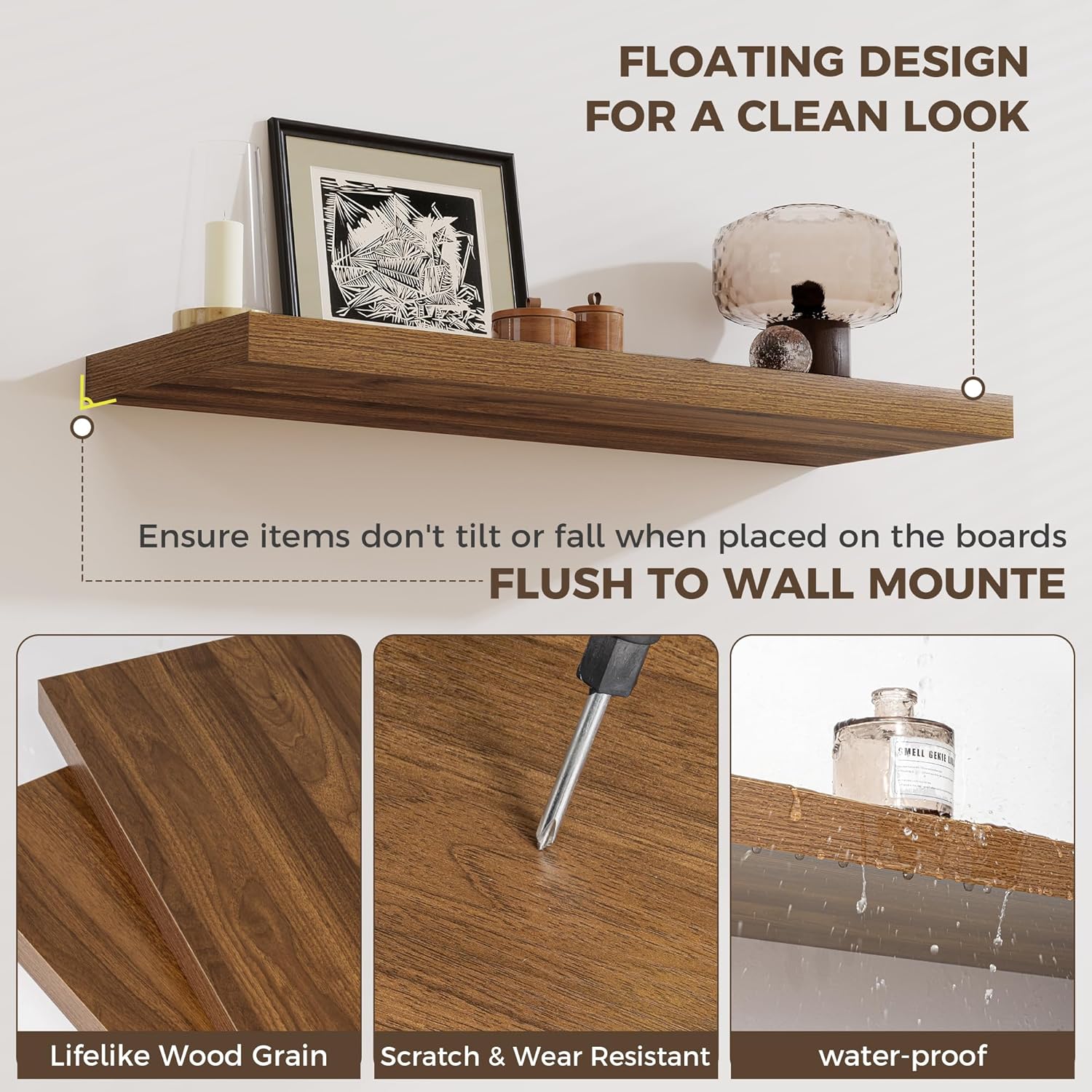 Fun Memories 12 Deep Floating Shelves for Wall | 30W x 12D Large Floating Shelves | 3 Pack Storage Space Wall Mount Shelf for Living Room Bathroom Toilet Laundry Room Kitchen Home Office - Walnut
