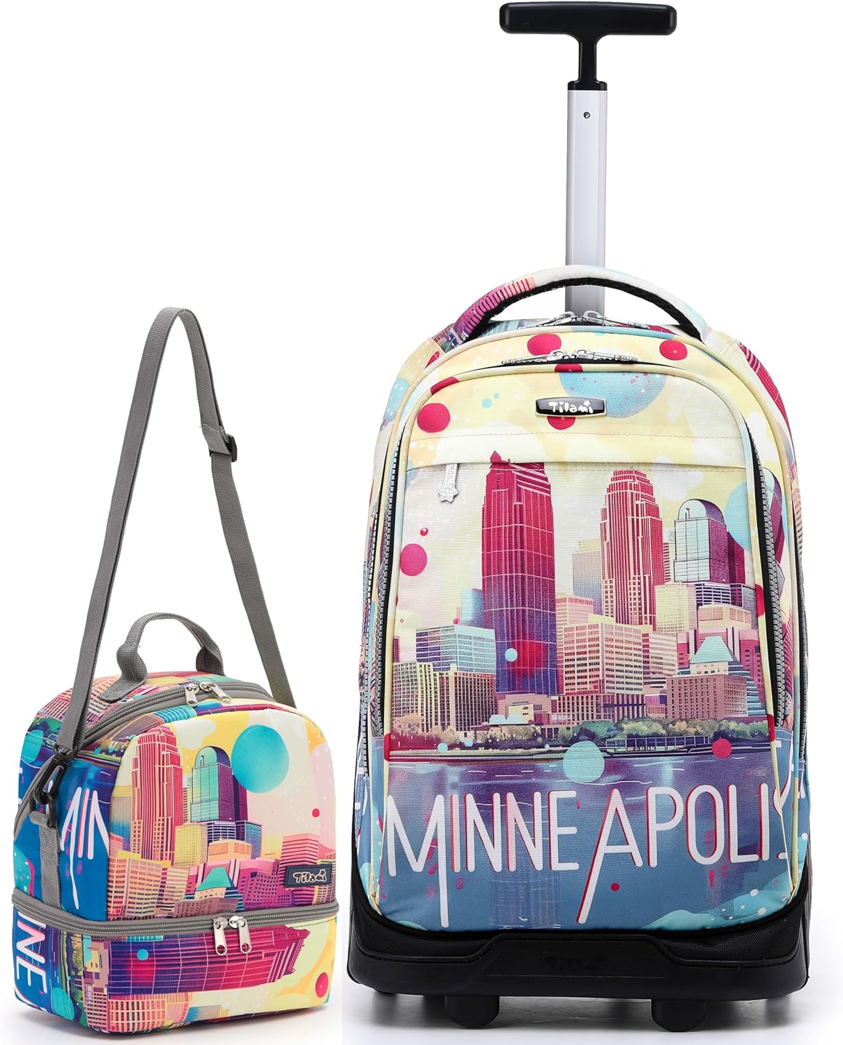 NEW TILAMI 19 Inch Rolling Backpack with Lunch Bag for Girls Boys Wheeled Laptop Backpack Durable Carry-on Bag School Travel, City