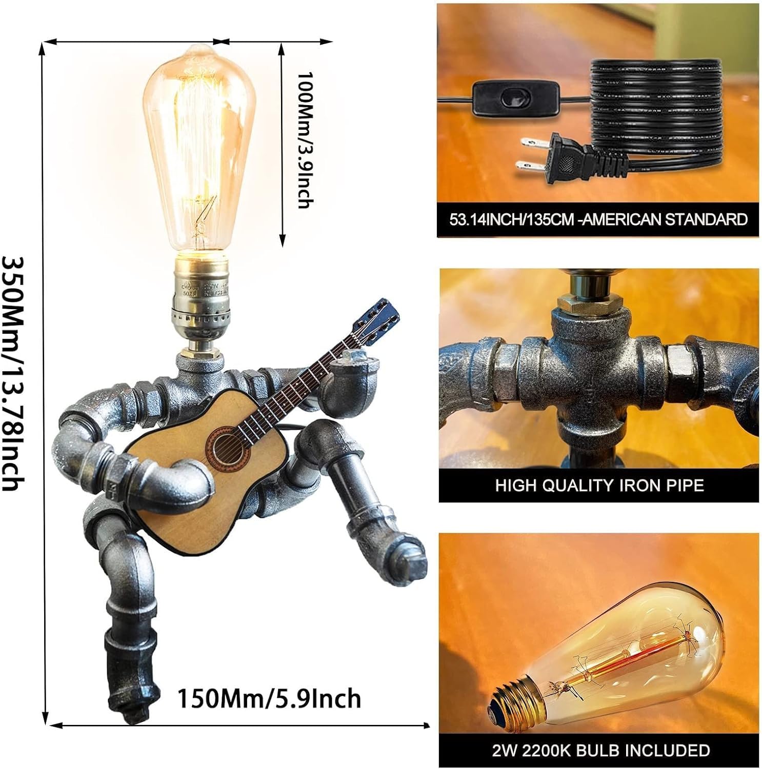 Steampunk Industrial Guitar Lamp - Unique Table Lamp/Desk Lamp with Edison Bulb, Vintage Decorative Lamp for Men, Guitar Lovers & Musicians, Creative Unusual Music-Themed Gift