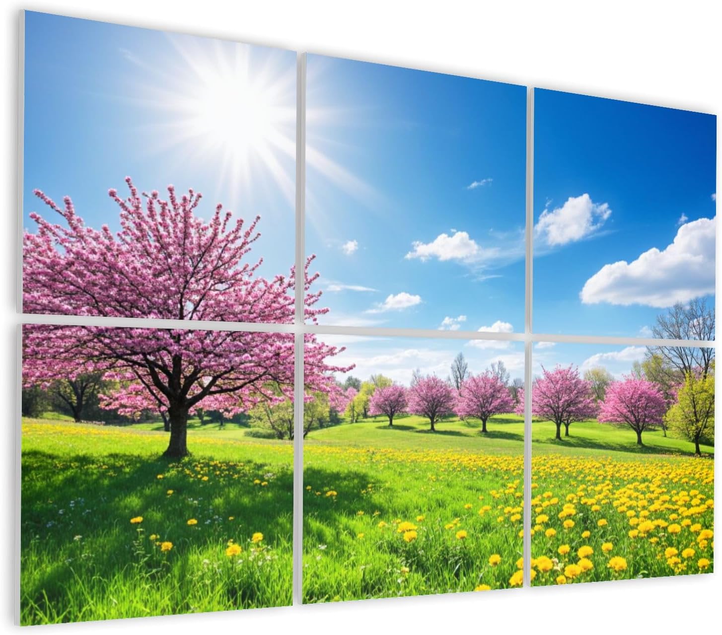6 Pack Art Acoustic Panels Self Adhesive Blooming Cherry Blossom Trees Yellow Dandelions Spring Meadow Under Decorative Soundproof Wall Panels Sound Absorbing Panel 48