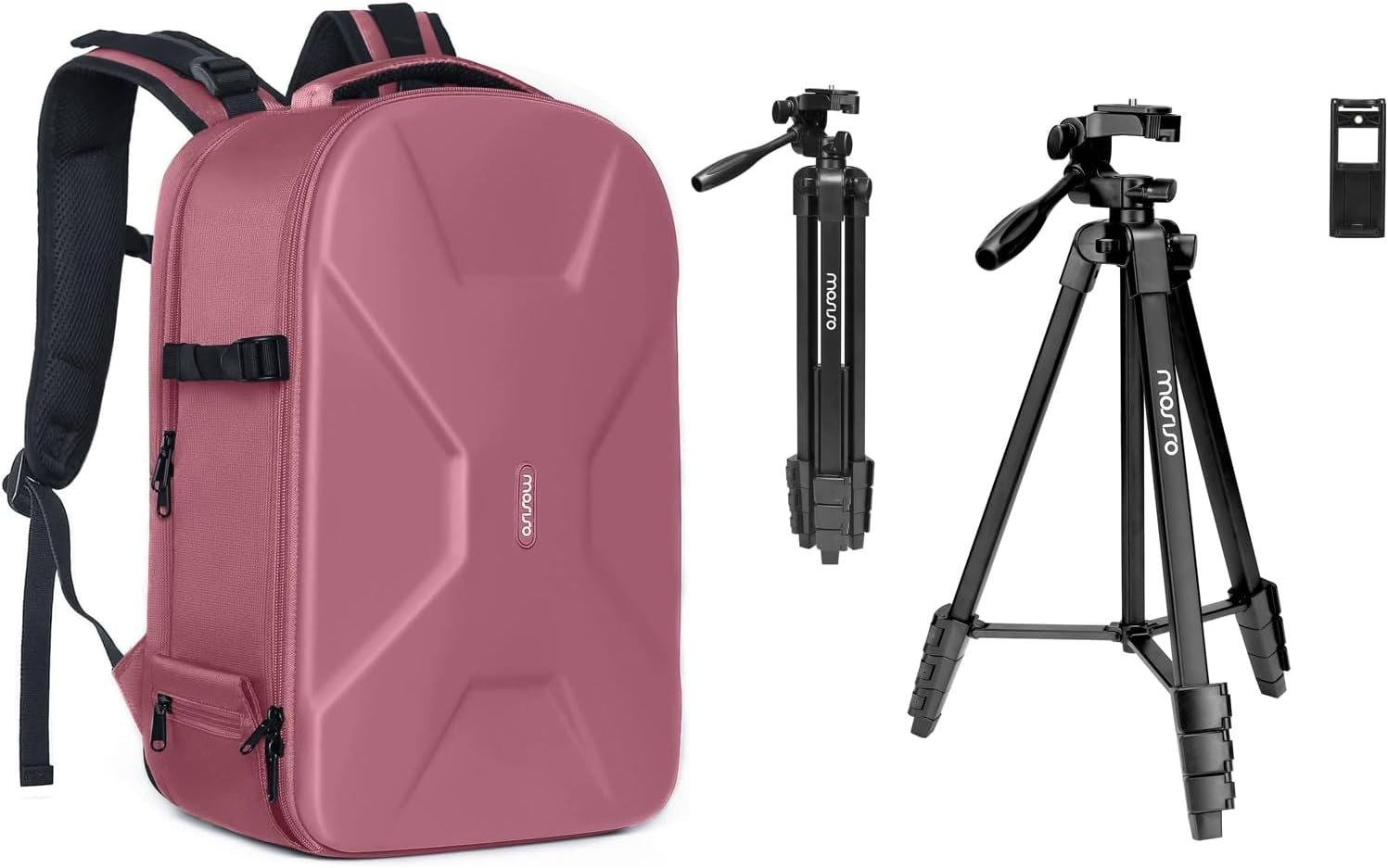 MOSISO 58 inch Camera Phone Tripod Stand with Tablet Phone Mount&Camera Backpack, Camera Bag 15-16 inch Waterproof Hardshell Case with Tripod Holder&Laptop Compartment, Dusty Rose&Black