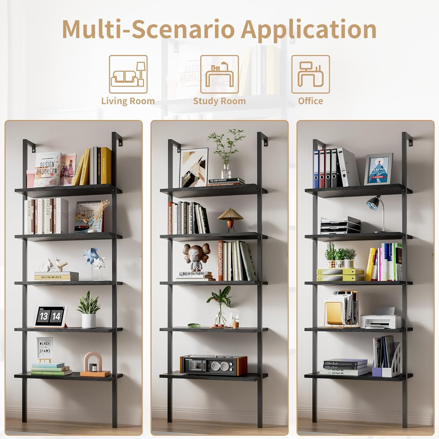 Flamaker 5-Tier Bookshelf Wall Mount Ladder Bookcase Industrial Standing Corner Bookshelf with Wood Board and Metal Frame, Modern Tall Narrow Storage Organizer for Home Office (Black, 2 Piece)