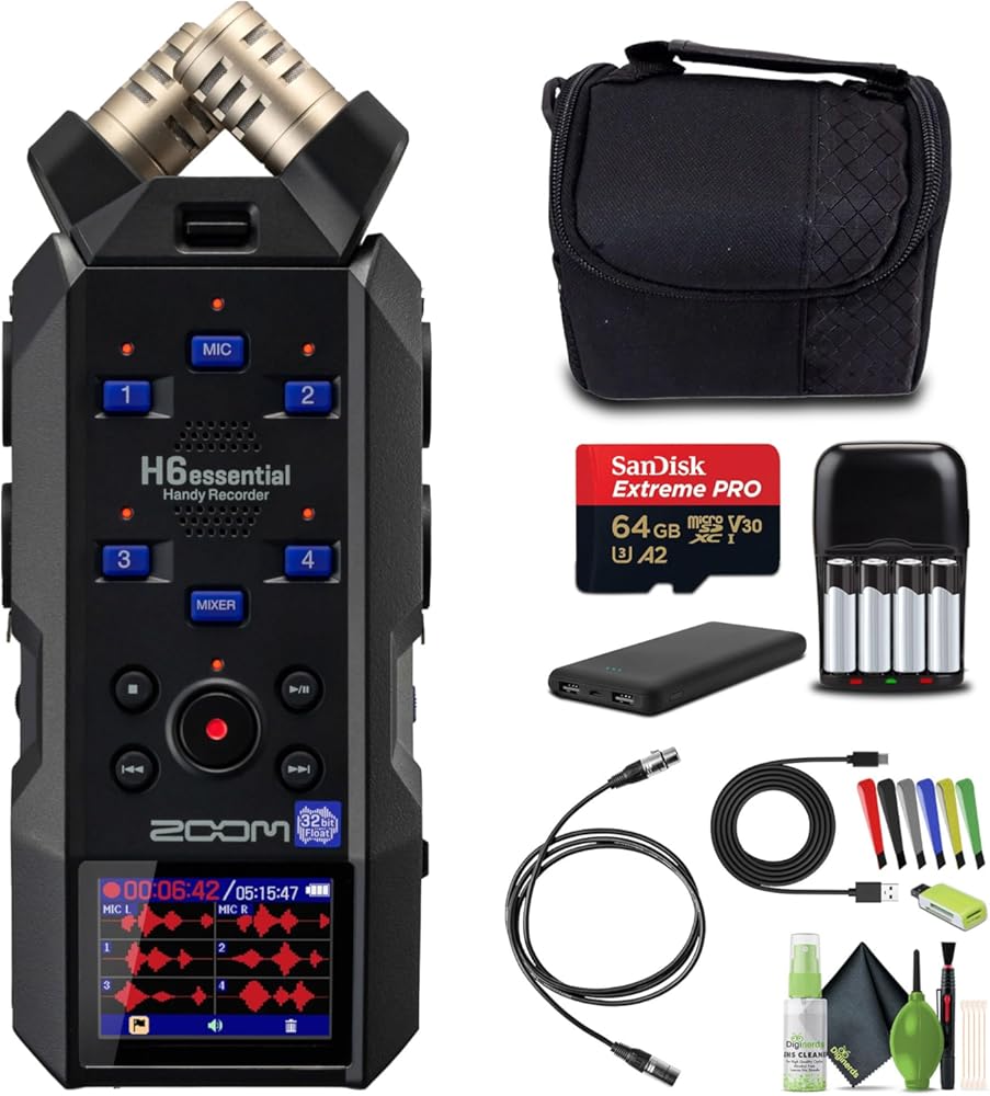Zoom H6essential Handy Recorder 6-Track 32-Bit Float Portable Audio Recording (2024 Model) Stereo Microphones, 4 XLR/TRS Inputs, USB Audio Interface, for Musicians, Podcasters and Filmmakers Bundle