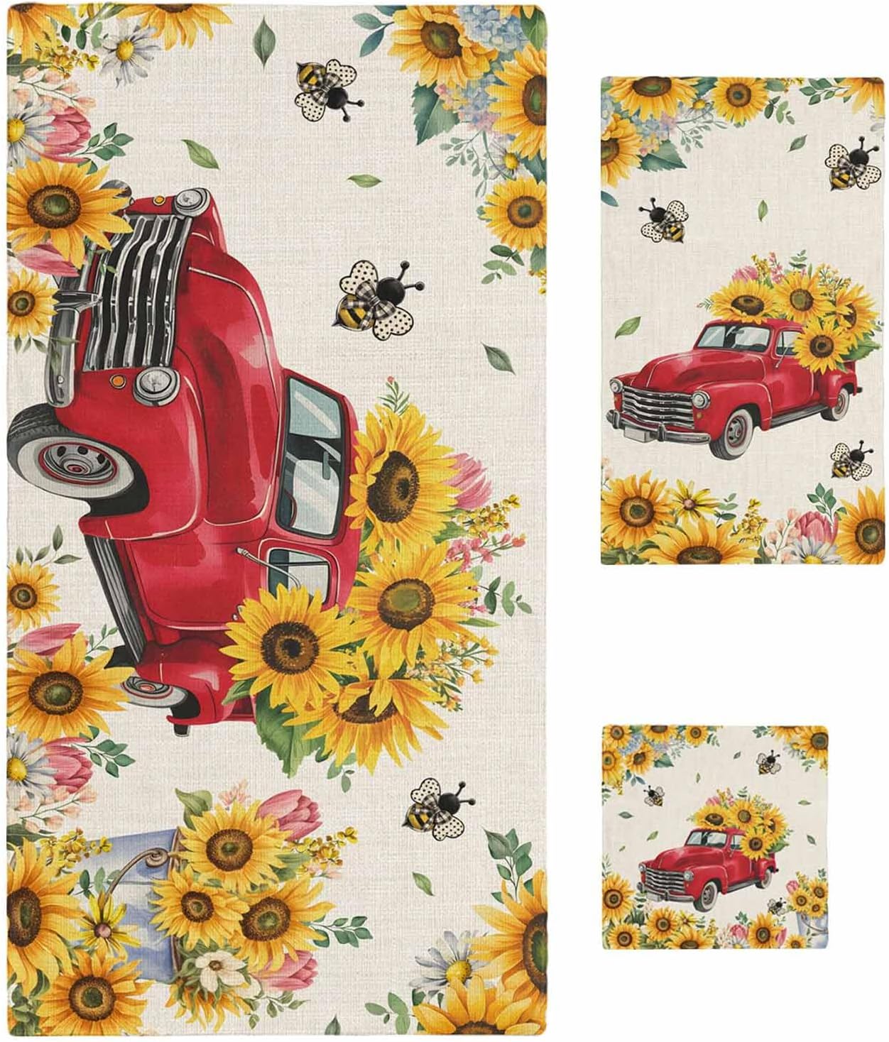 Spring Yellow Sunflowers Bath Towels Set of 3 for Bathroom,Soft Absorbent Shower Beach Hand Face Hair Yoga Workout Gym Towel Dish Wahcloth,Farmhouse Car Bees Country Quick Dry Kitchen Bath Towels+Set