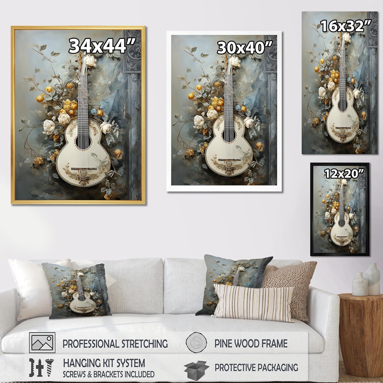 DesignQ Music Wall Art, Grecian Gray Bouzouki Brilliance, music Black Framed Wall art decor, grey Canvas wall art, 34x44 inches