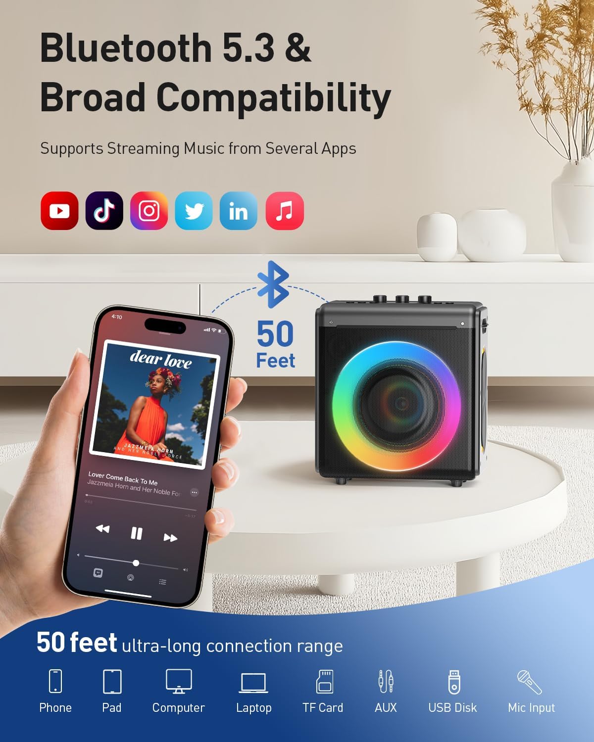 Karaoke Machine with 2 Wireless Microphones: Portable Bluetooth Speaker for Adults & Kids - PA System with Lights Supports TWS/TF Card/USB/AUX for Home Party-Stage Subwoofers