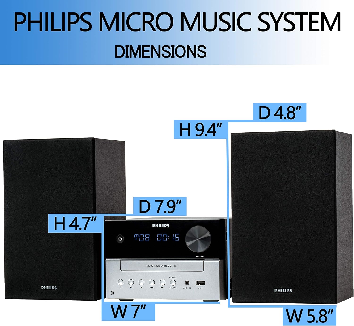 Philips Bluetooth Stereo System for Home with CD Player for Home, Wireless Streaming, MP3, USB, Audio in, FM Radio, 15W, Micro Music Sound System