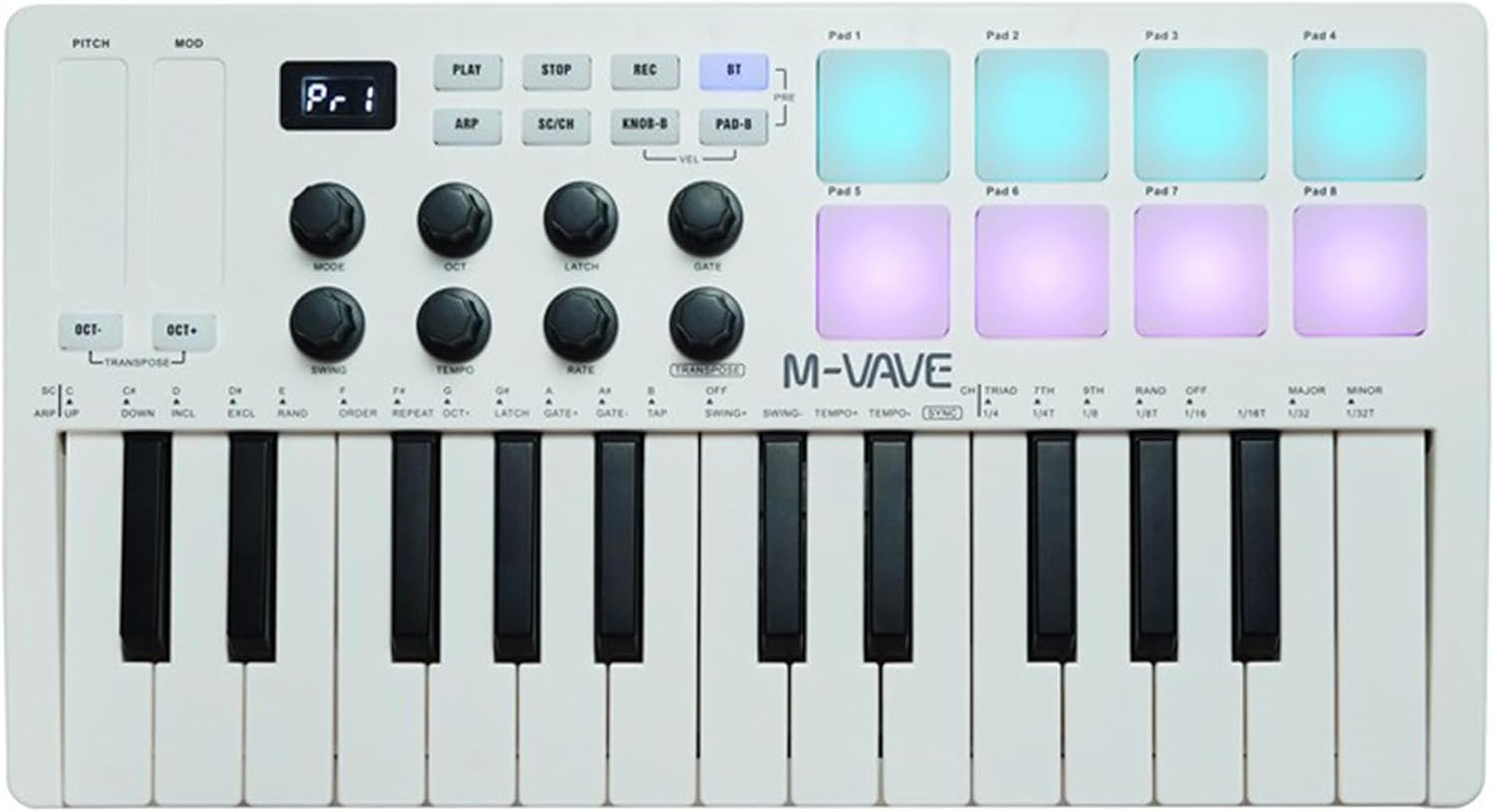 M-VAVE 25 Keys 8 Backlit Drum Pads MIDI Keyboard – Professional Beat Maker and Keytar for Keyboard Music Production Builtin Battery Wireless Connect White
