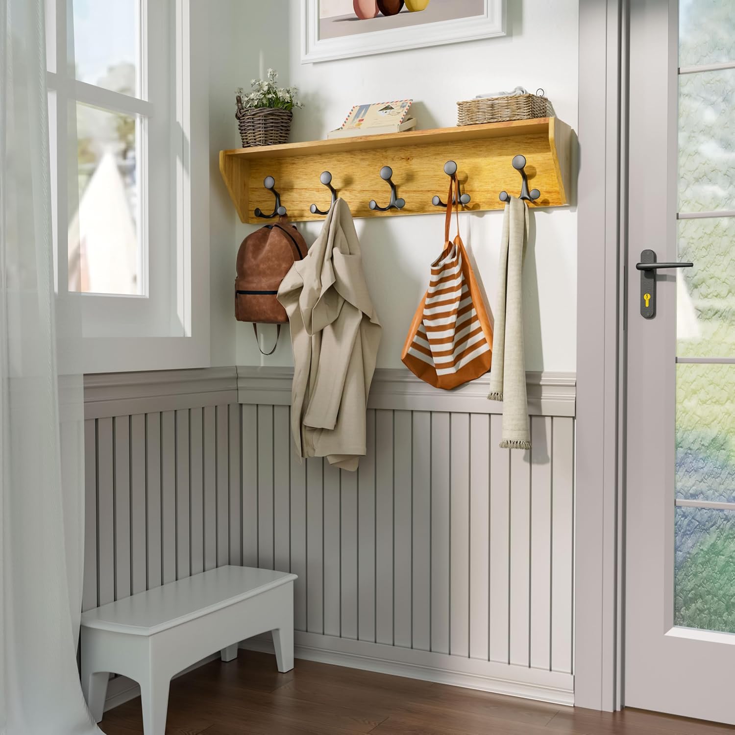 SKOLOO Wall Shelf with Hooks, 24-Inch Brown Coat Rack Wall Mount with Shelf Organizer - Lightweight & Sturdy​​, 5 Tri Hooks - Perfect for Entryway, Hallway, Living Room, Bedroom, Mudroom