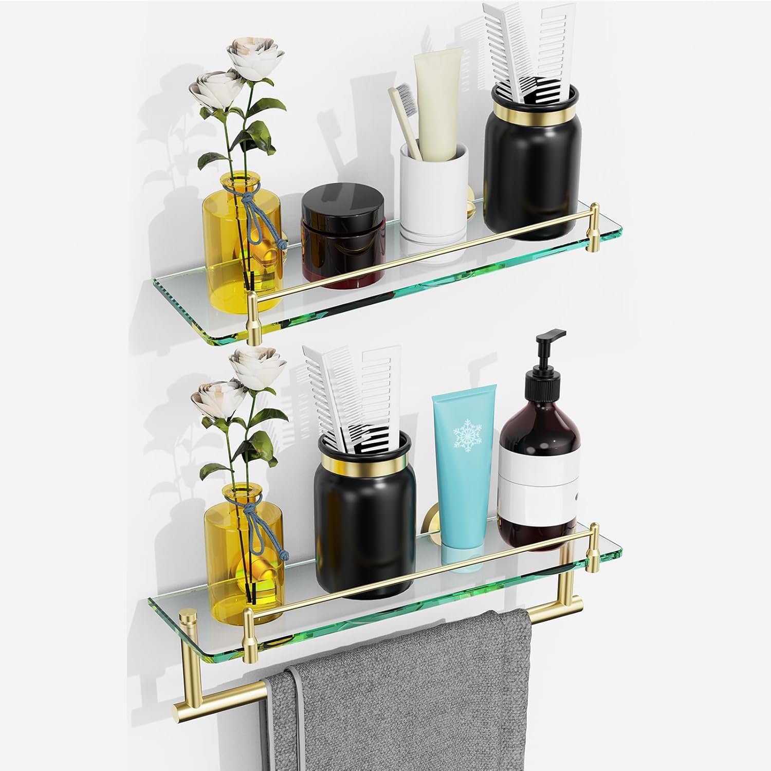 Glass Shelf for Bathroom 2 Pack,16-Inches Floating Glass Shelves Towel Bar/Track(Brushed Gold)