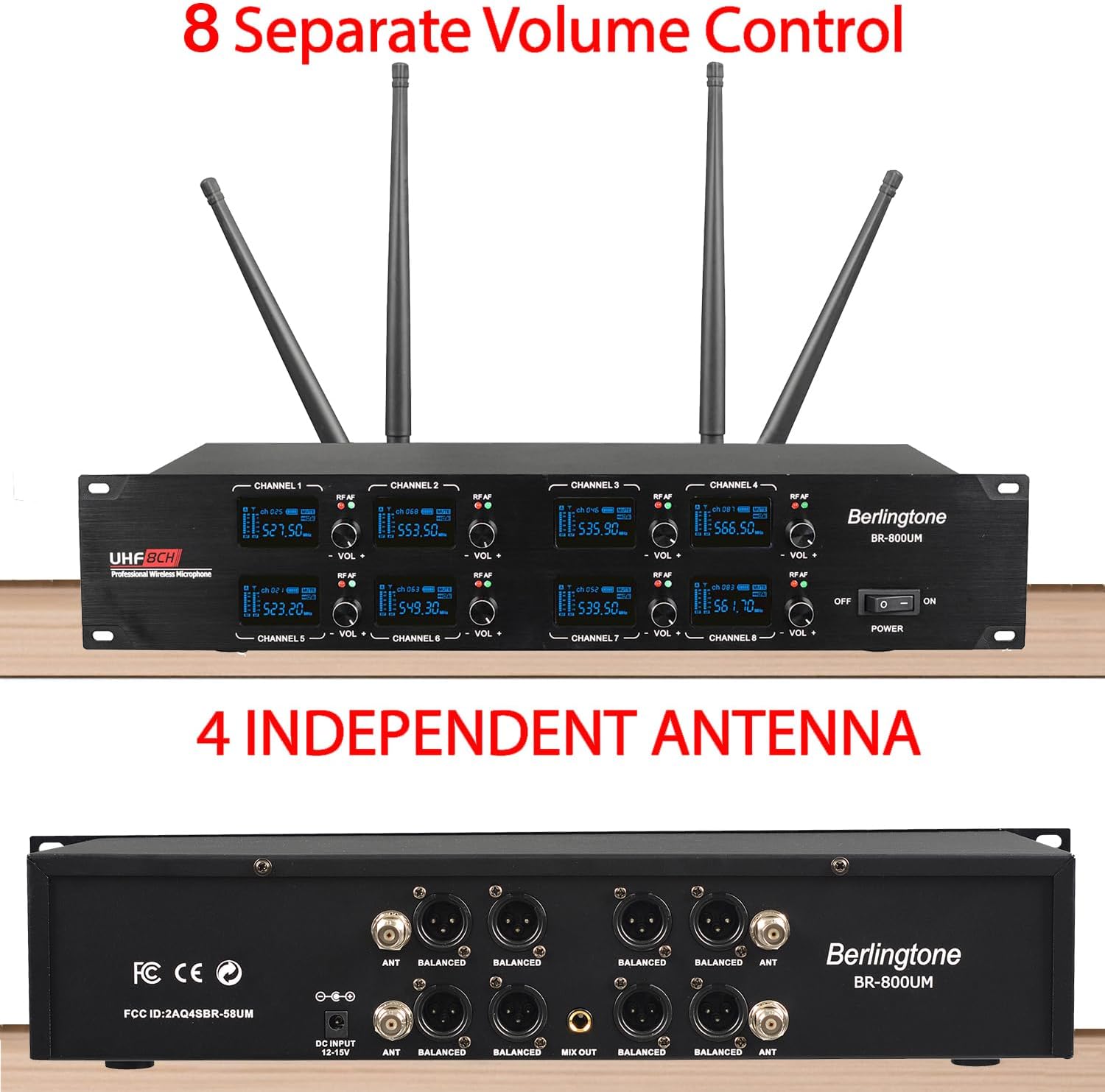 Berlingtone) 8-Channel UHF Wireless Microphone System Cordless Mic with Metal Handheld, Fixed Frequency Channel, Dynamic Microphone for Karaoke, Church, Singing, DJ, 262ft Range (BR-800UM)