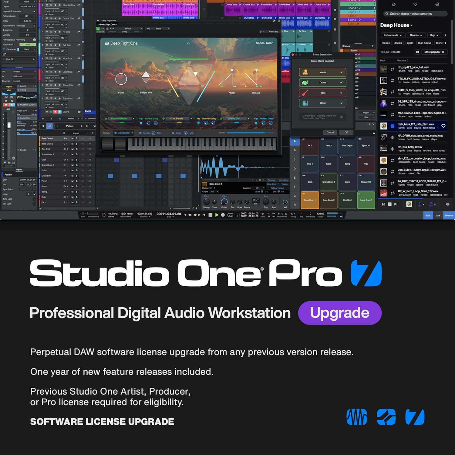 Studio One Pro 7 Upgrade License from Any Previous Version or Edition of Pro or Artist — Stem Separation, Splice Integration, Integrated Launcher, Virtual Instruments, Loops, & Samples Included