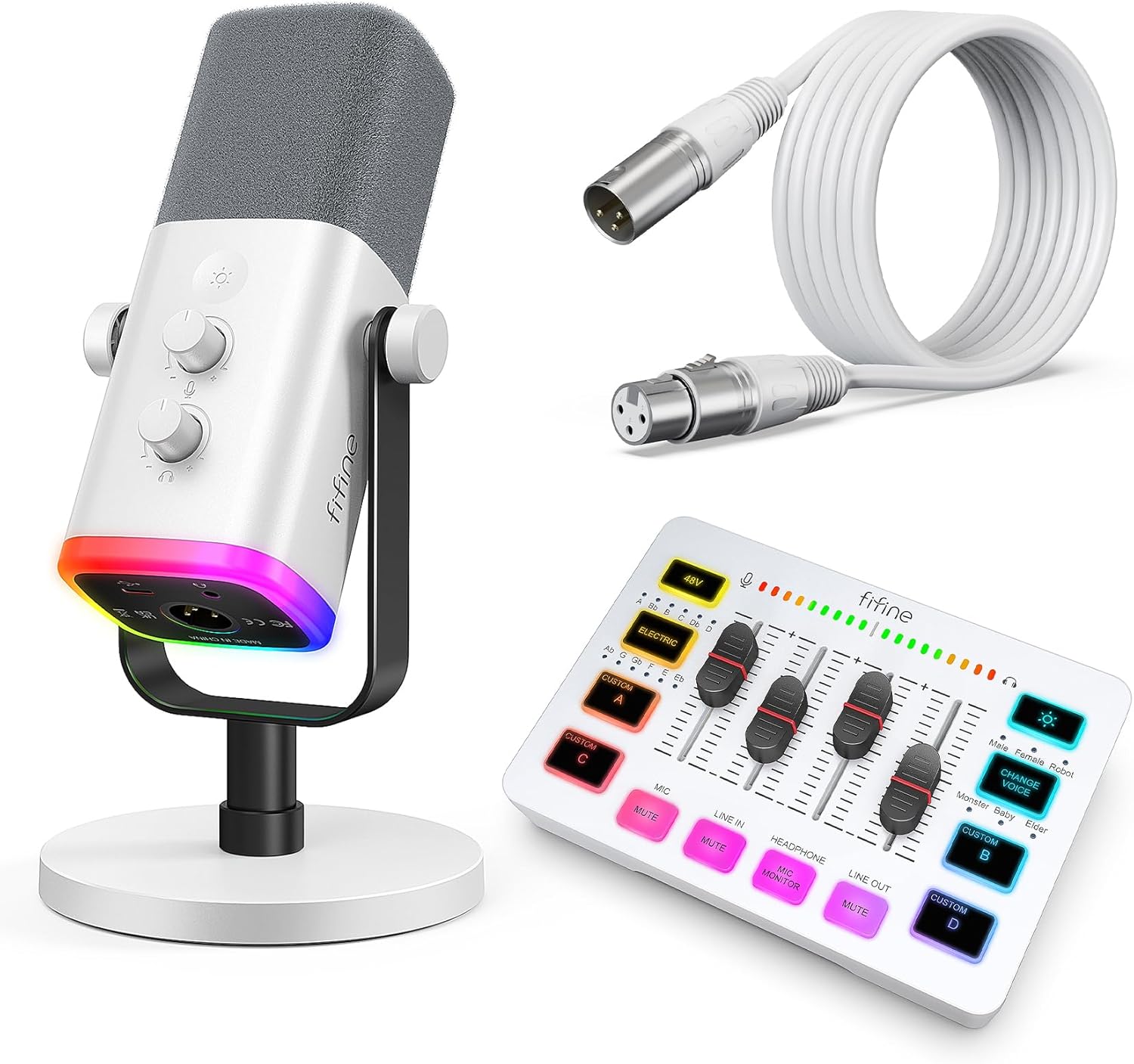 FIFINE Streaming Audio Bundle, Dynamic RGB XLR/USB Microphone with All-in-One Mixer & 10ft Balanced XLR Cable for Gaming, Podcasts, Content Creator & Home Studio Recording-AM8W+SC3W+L9W