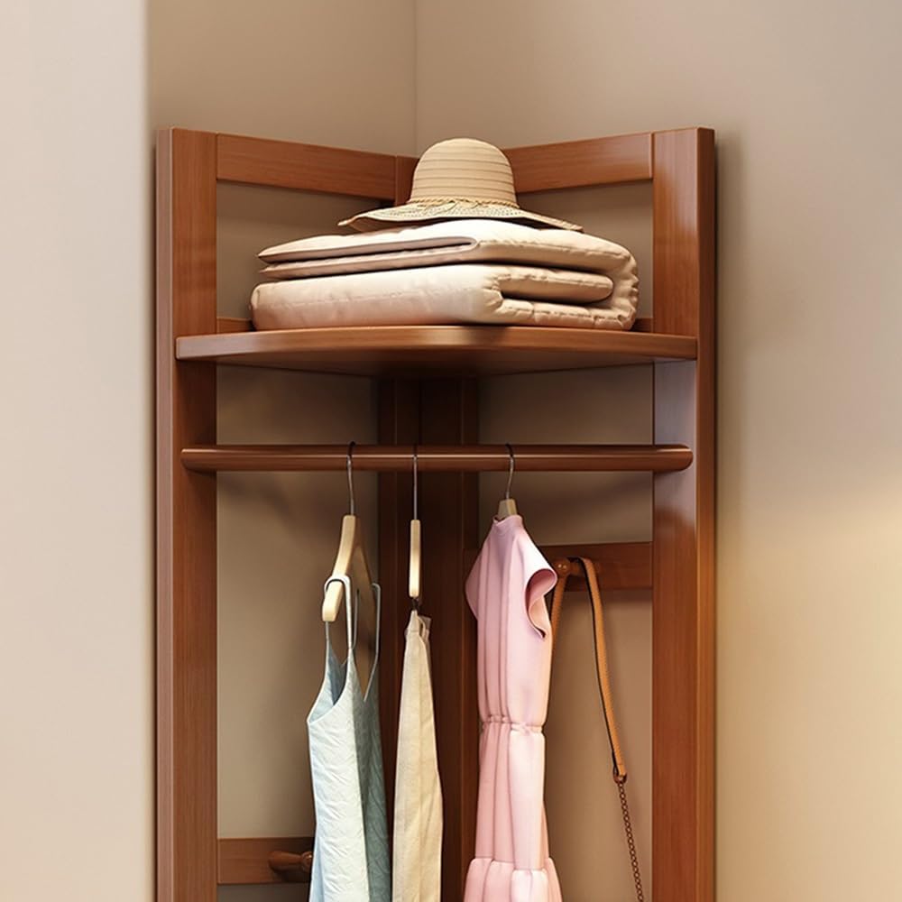 Entryway Solid Wood Corner Floor Coat Rack Bedroom Clothes Multifunctional Storage Bedroom(Wood)