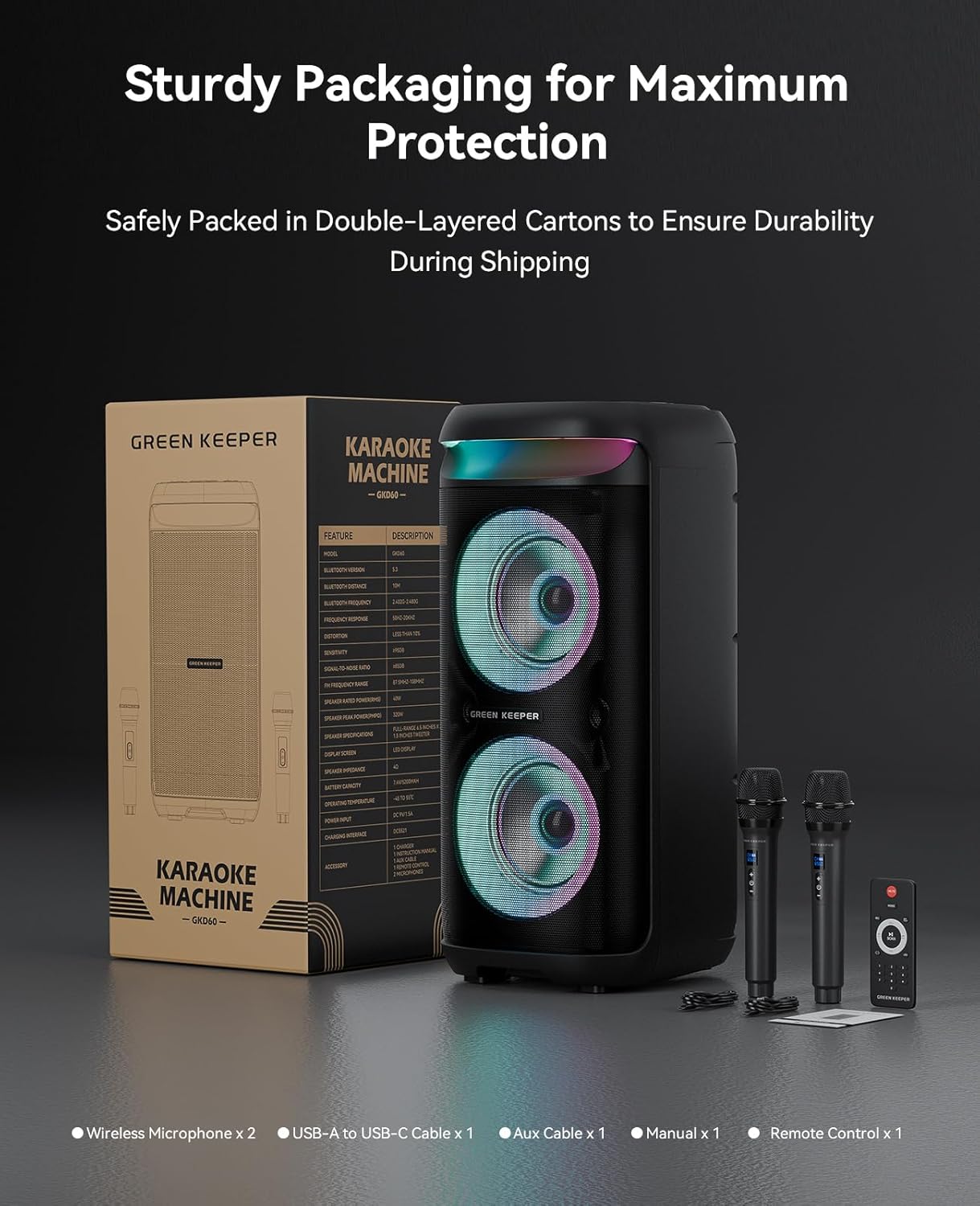 Karaoke Machine with 2 Wireless Microphones for Adults, Portable Bluetooth Party Speaker, 500W Peak Power PA System with LED Disco Lights, 6.5'' Speaker Big Sound, 8000mAh Battery for Indoor & Outdoor