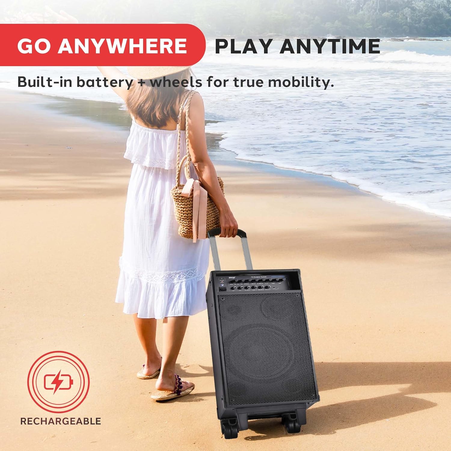 Pyle Outdoor Portable Wireless Bluetooth PA Loud speaker Stereo Sound System with 10 inch Subwoofer, Mid-Range Tweeter, Rechargeable Battery, Microphone, Remote - PWMA1050BT