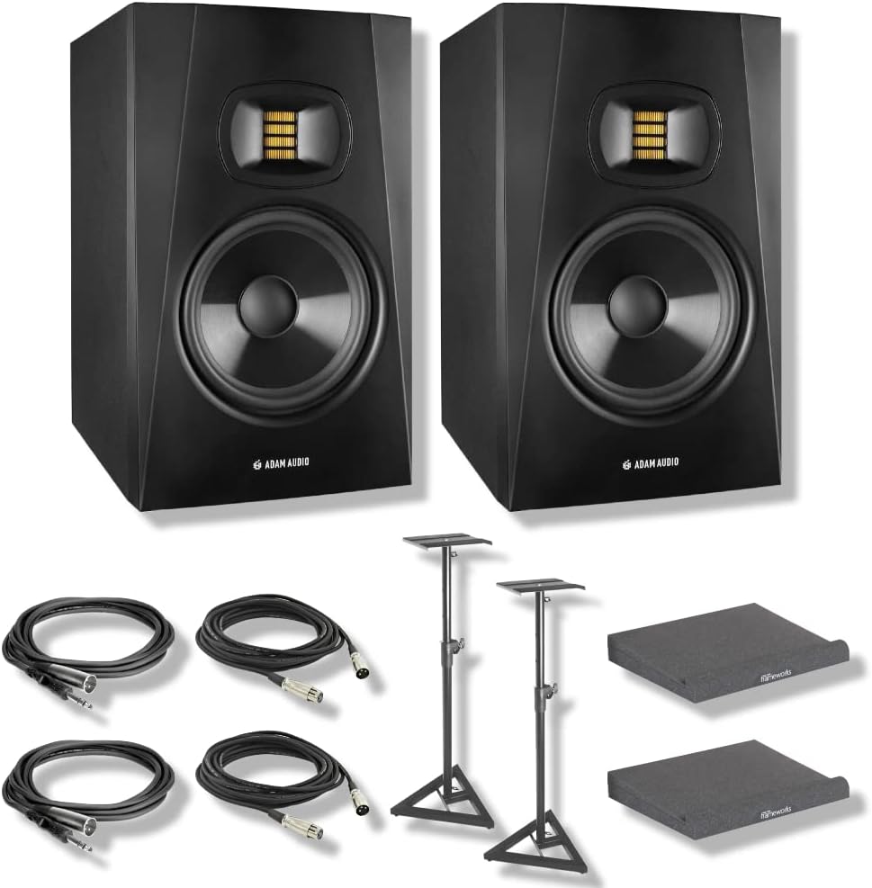 Adam Audio T7V Studio Monitor (Pair) with Frameworks Isolation Pads, Hosa Interconnect Cables, XLR Cables and On-Stage SMS6000-P Studio Monitor Stands