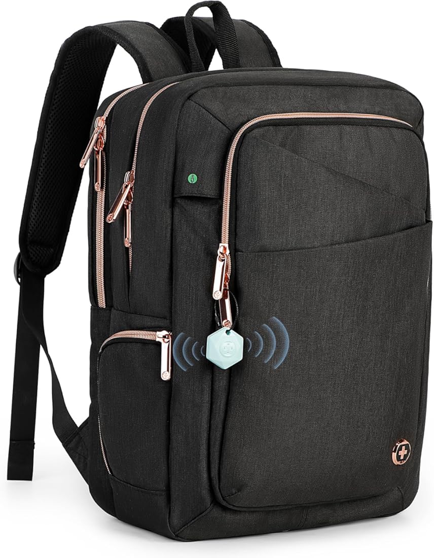Swissdigital Design Business Backpack For Women with Rose Gold-Tone Zippers College Travel Laptop Backpack With Apple Find My Network,Fits 15.6 inch Laptop,Black | KATY ROSE