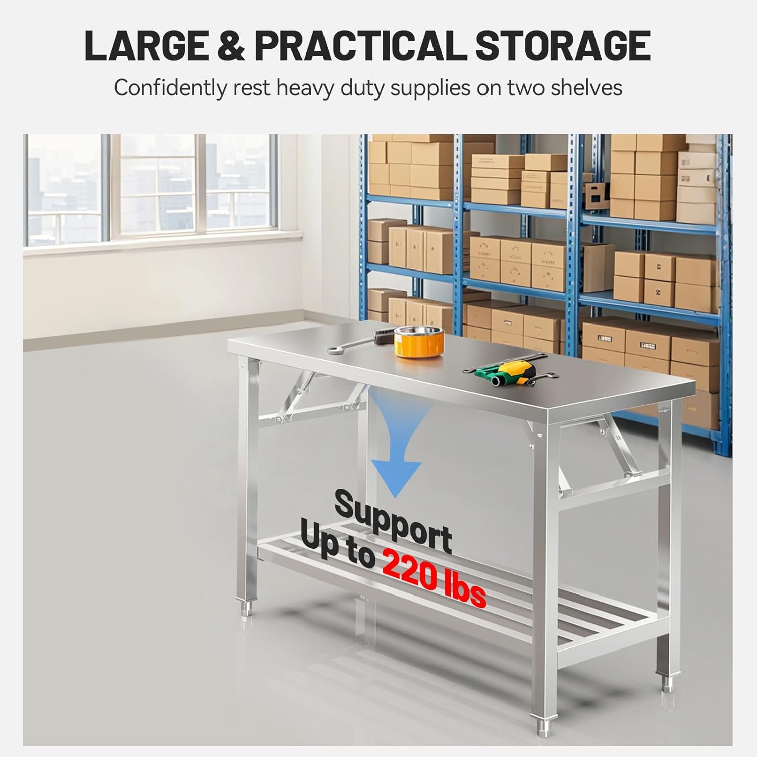 Folding Stainless Steel Table with Adjustable Table Corners and Lower Removable Shelf 20X45 Inches for Outdoor Camping, Maintenance Room, Storage, Kitchen (with undershelf)