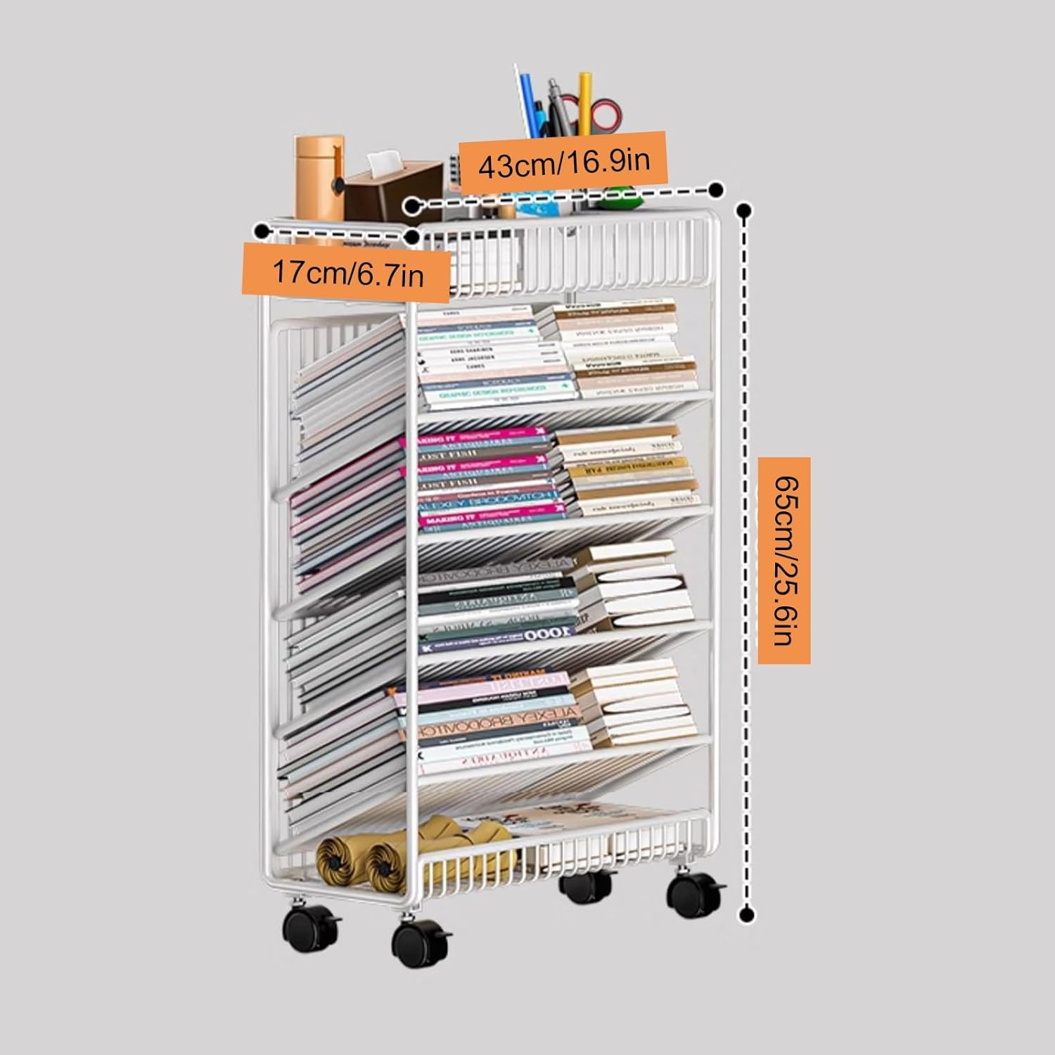 Metal Vertical Bookshelf with Wheels, Bookcase with Storage Organizer, Corner Bookcase Floor Standing Book Shelf for Living Room, Bedroom & Home Office(White)