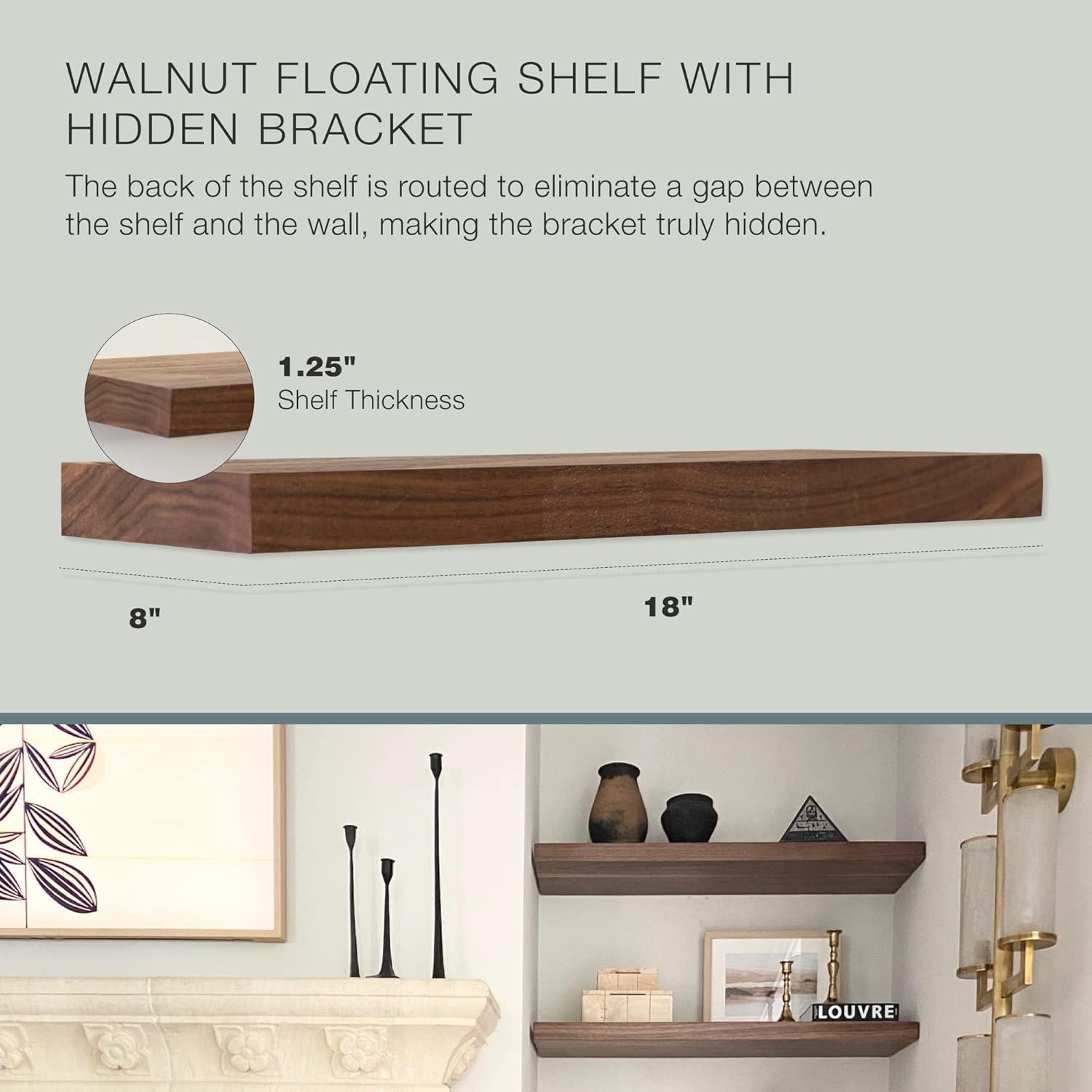 UltraShelf Solid Wood Floating Shelf for Wall Decor, Walnut, 18