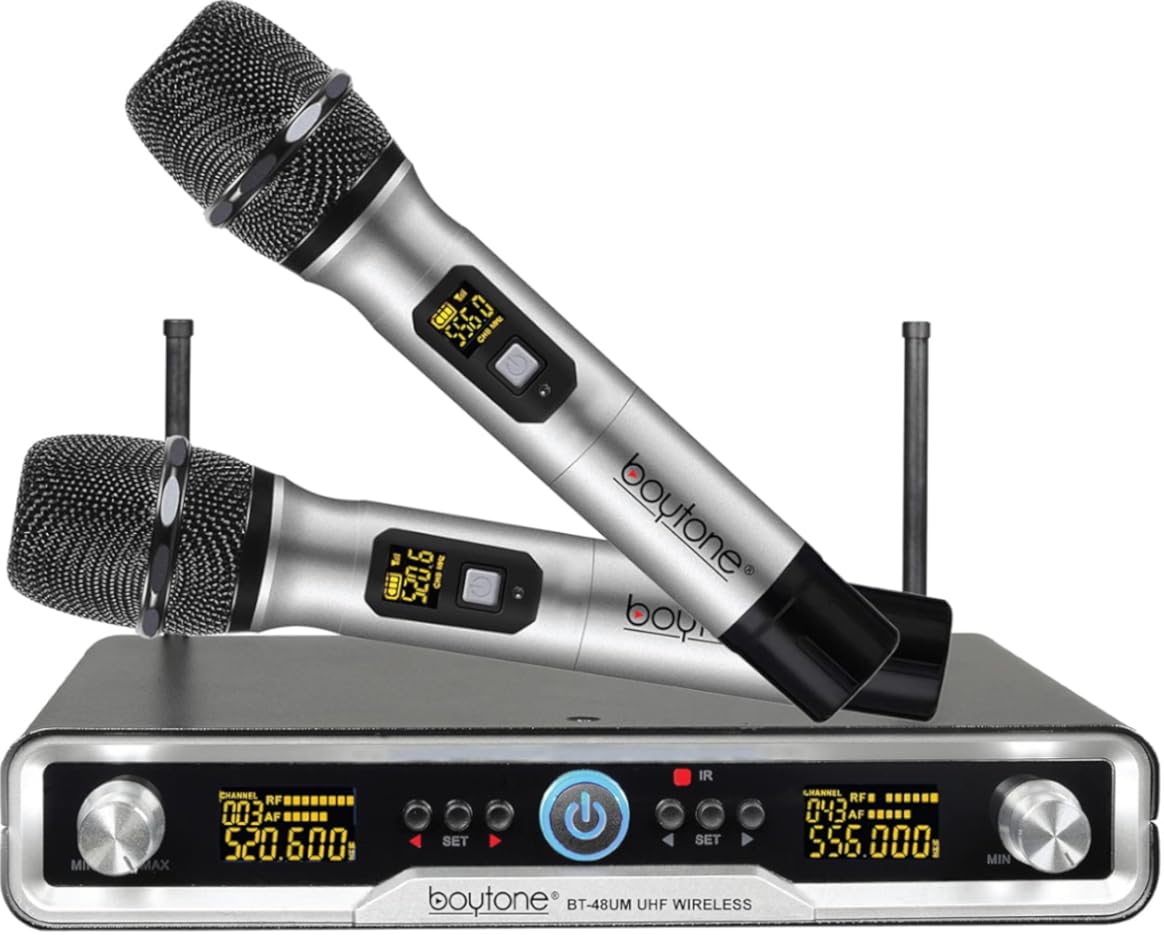 Boytone BT-48UM 100 Channels Wireless Microphone Dual Metal Professional UHF Cordless Dynamic Mic Handheld Microphone System, for DJ, Meeting, Party, Church, Aluminum Carrying Cases, Metal Base