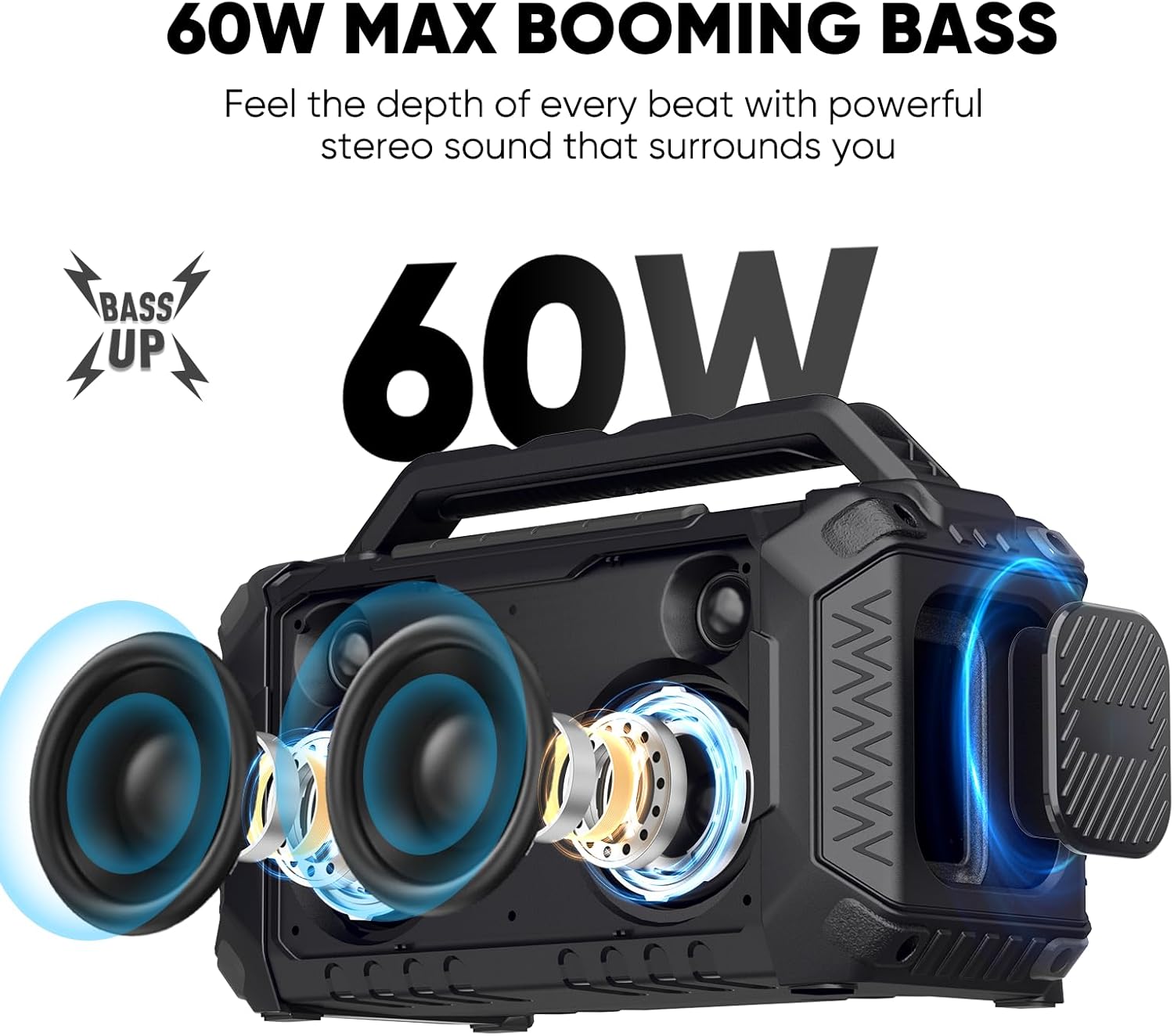 Inwa Portable Bluetooth Speakers for Jobsite - 60W Waterproof Loud Outdoor Speaker with Bass, Wireless Boombox w/Stereo Sound & RGB Lights, 12H Playtime, Durable for Work, Workshop, Garage, Camping