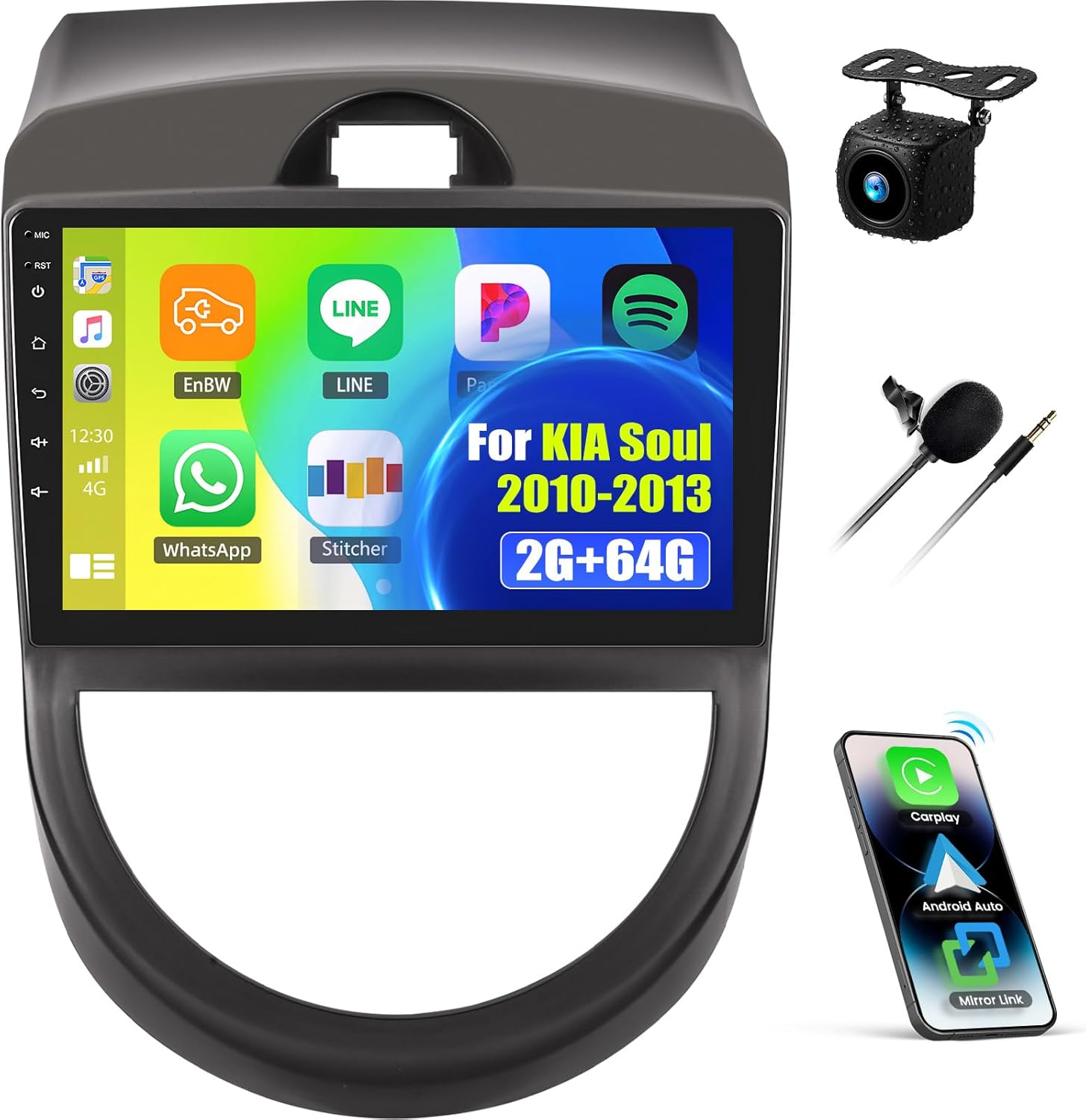 SIXWIN Android Car Stereo for KIA Soul 2010-2013 with Wireless CarPlay Android Auto Mirror Link 2G+64G 9 Inch Touchscreen Bluetooth GPS Navigation WiFi FM Backup Camera MIC